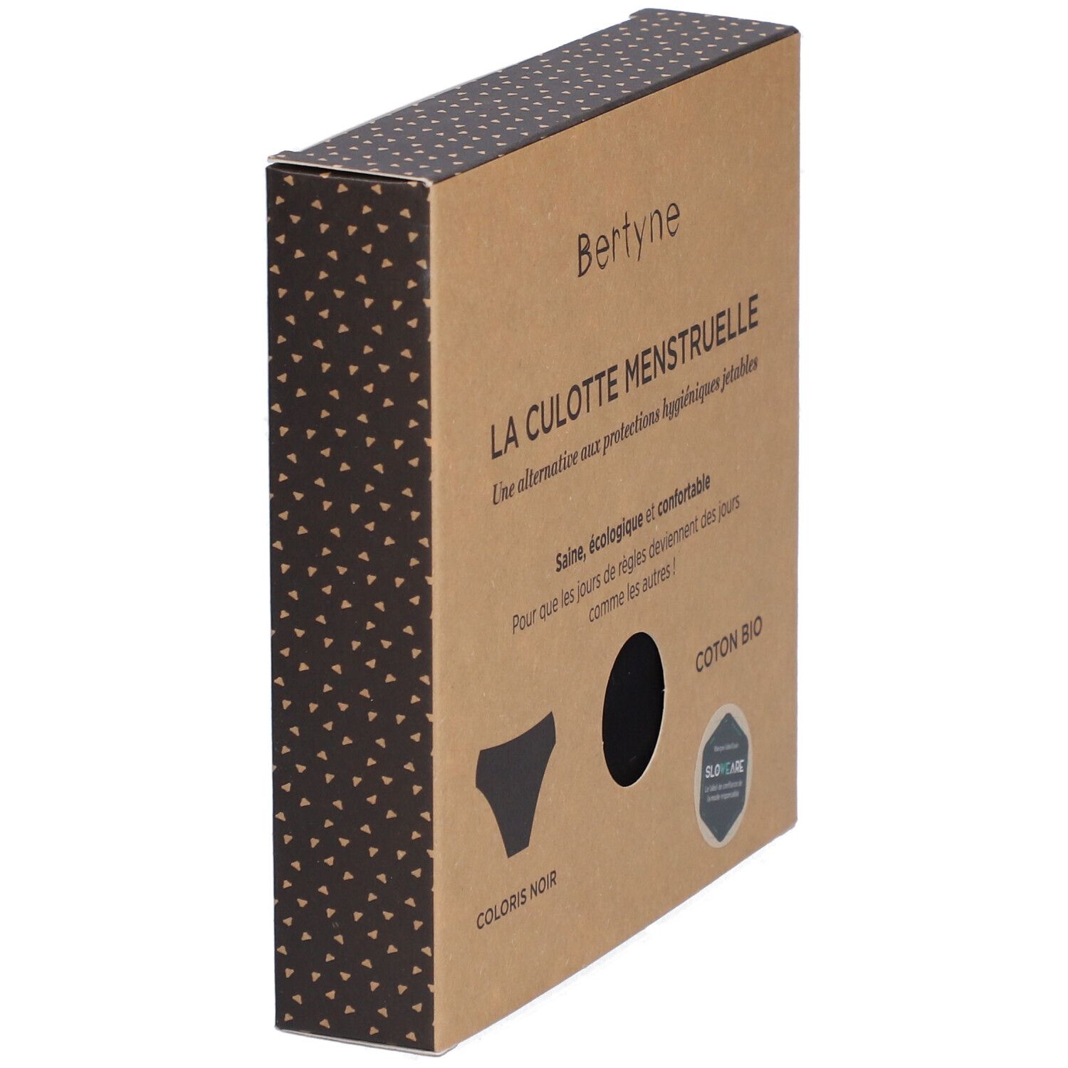 Vue latérale de la boîte BERTYNE. Culotte noire illustrée. Coton bio. Certification Slowcare.