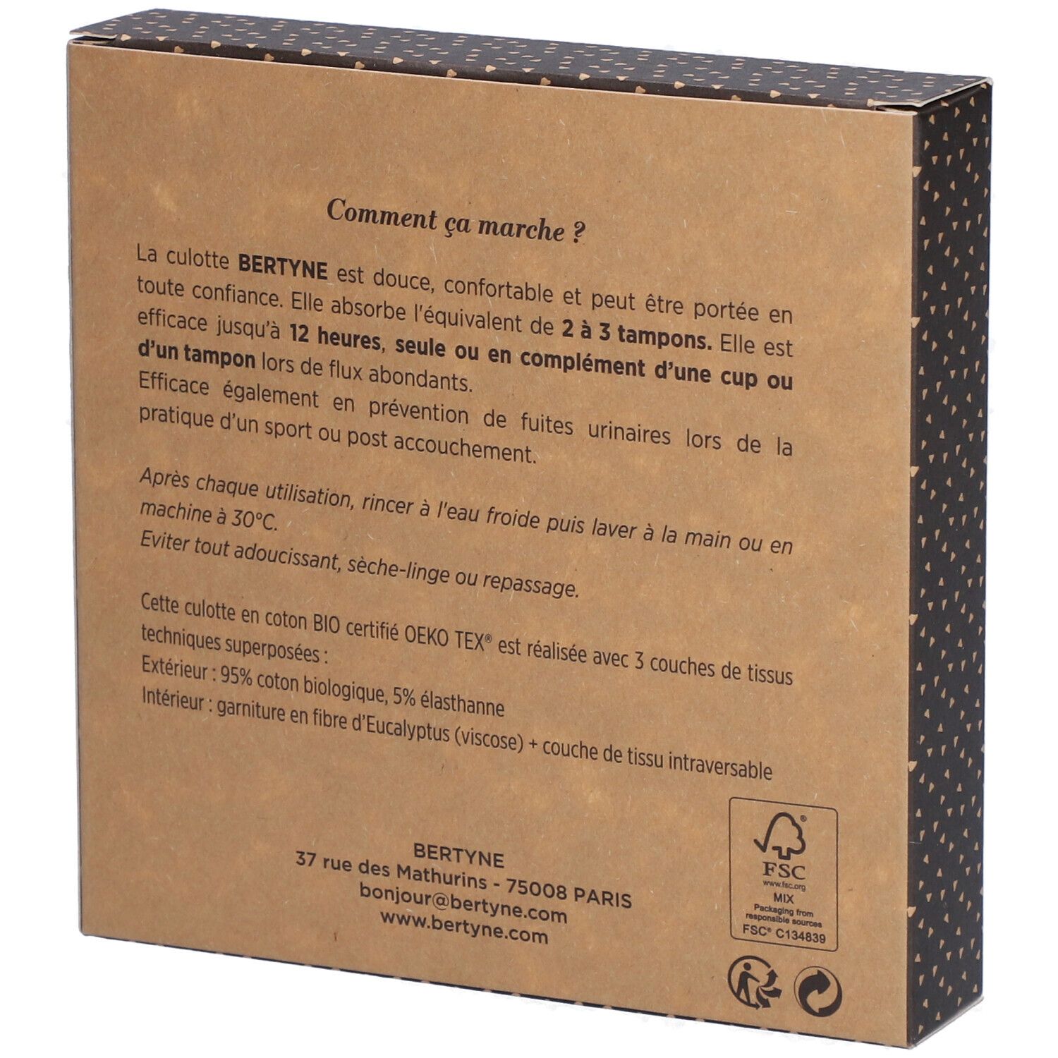Dos de la boîte BERTYNE. Texte sur l'utilisation et la composition. Certification Oeko-Tex.