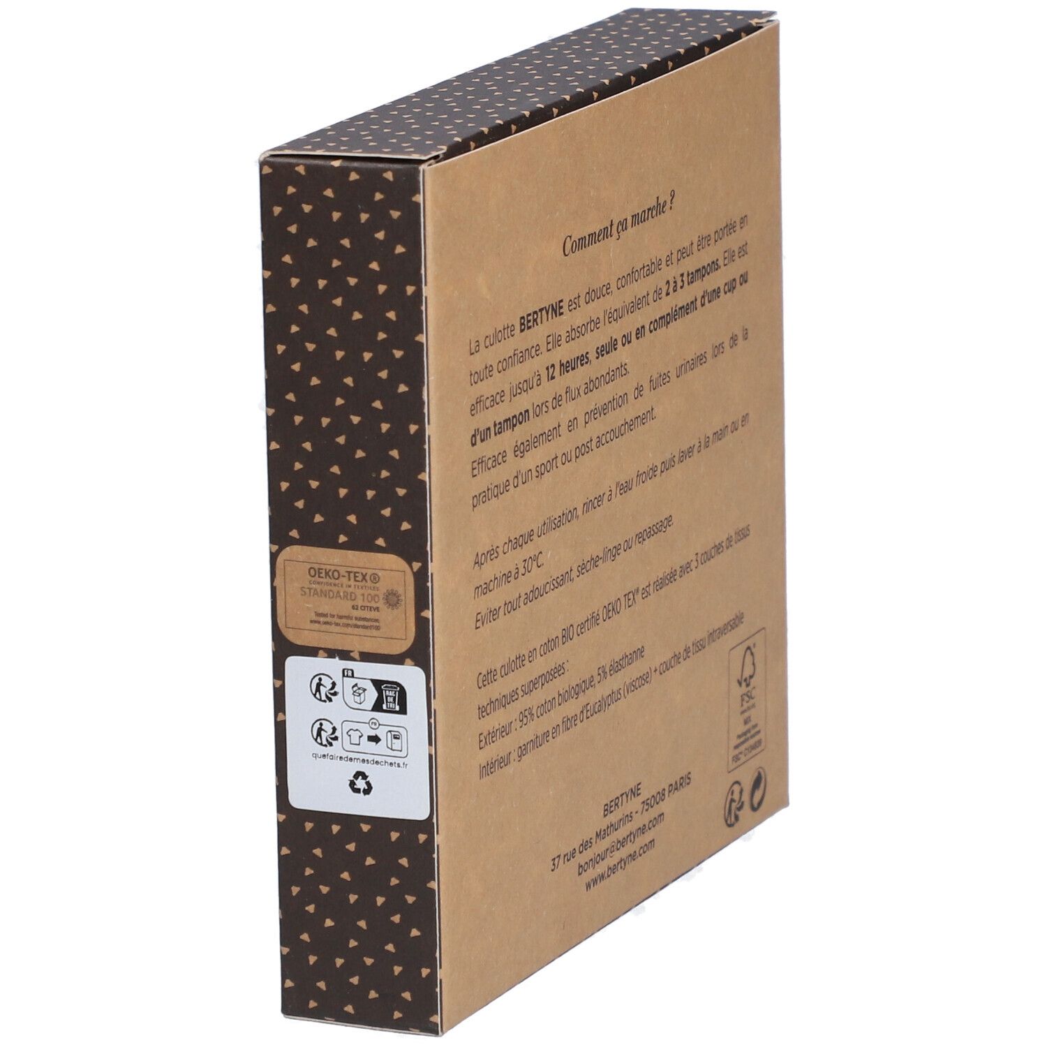 Vue latérale de la boîte BERTYNE. Texte sur l'utilisation et la composition. Certification Oeko-Tex.