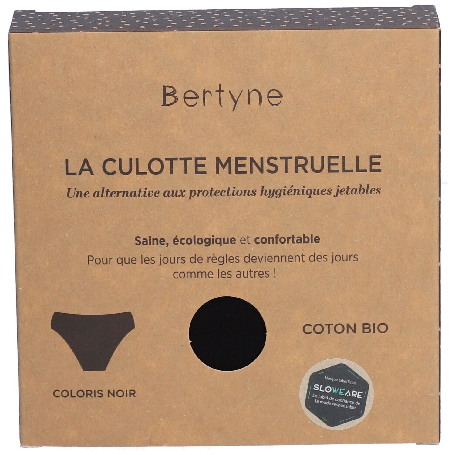 Boîte BERTYNE. Culotte noire illustrée. Coton bio. Certification Slowcare.