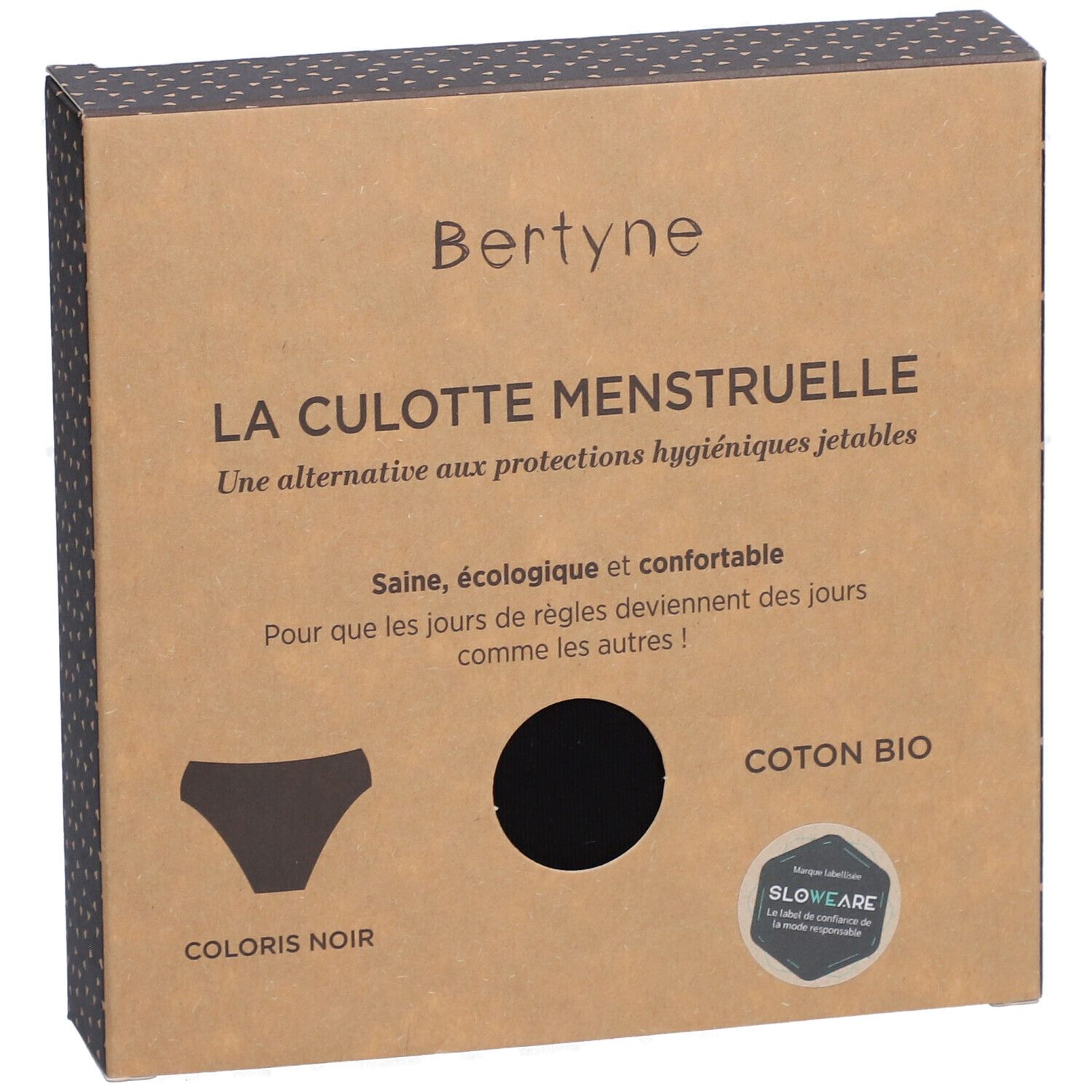 Boîte BERTYNE. Culotte noire illustrée. Coton bio. Certification Slowcare.