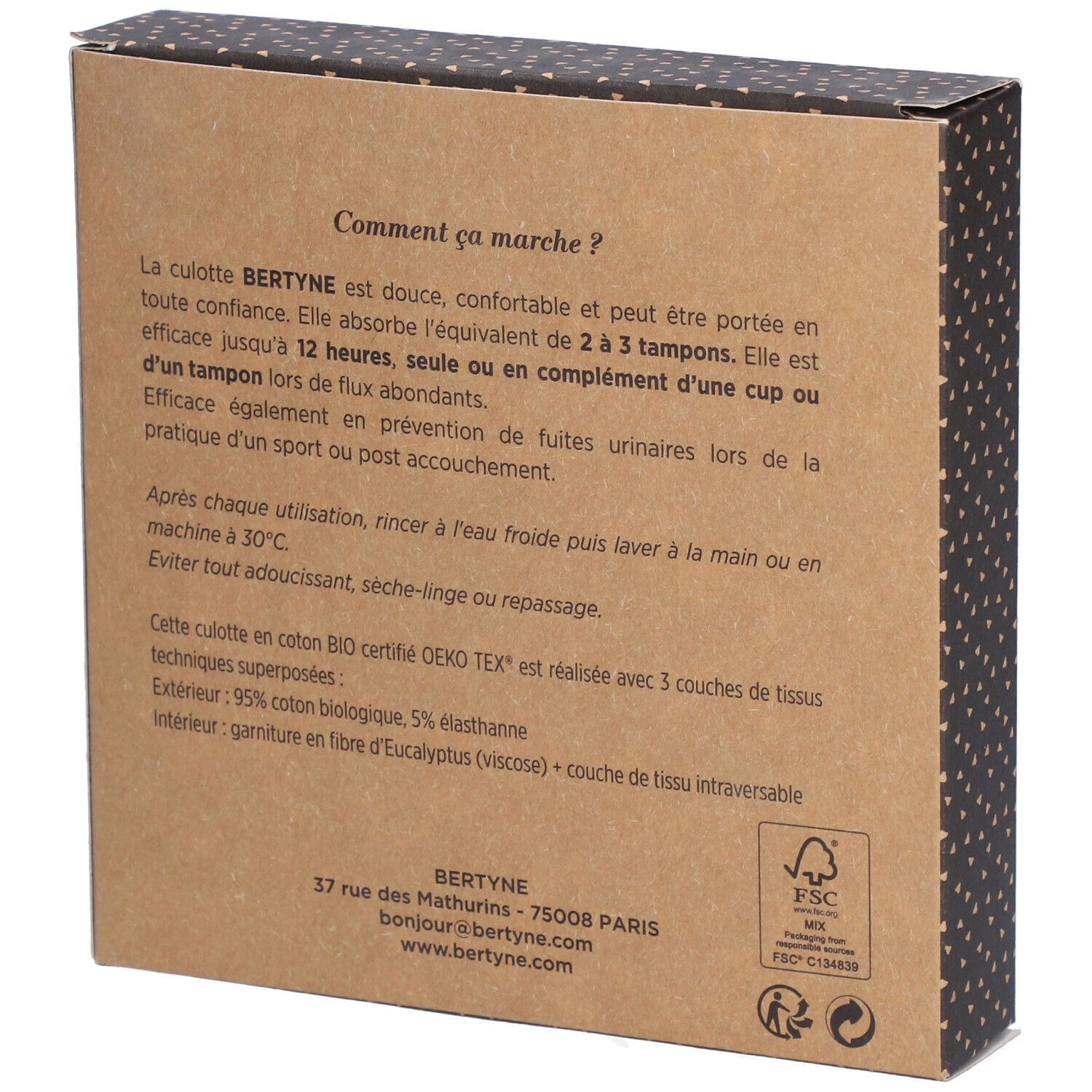 BERTYNE La Culotte Menstruelle - Coton bio - Flux moyen - Taille XXS - Noir