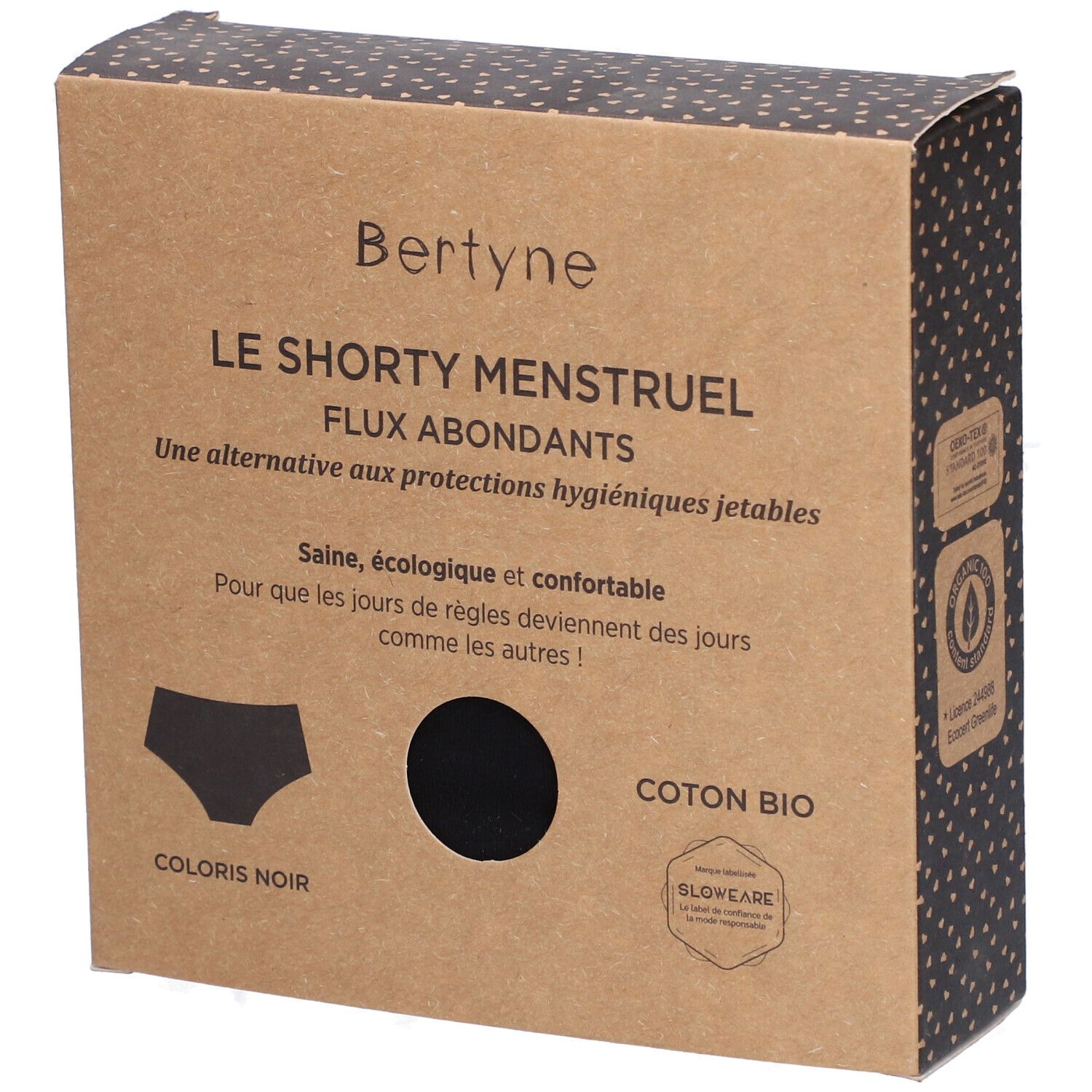 Boîte BERTYNE Shorty Menstruel. Emballage marron avec image et texte du produit. Silhouette de sous-vêtement noir.