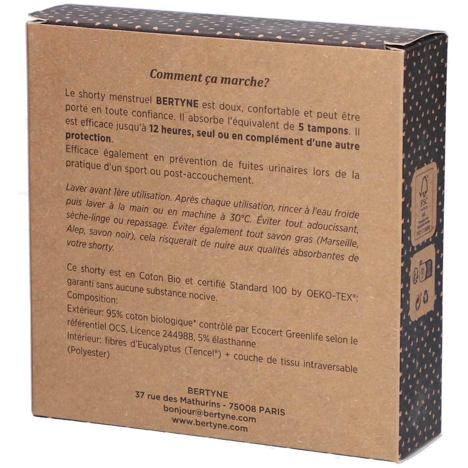 Dos de l'emballage BERTYNE Shorty Menstruel. Texte en français. Informations sur l'utilisation et la composition.