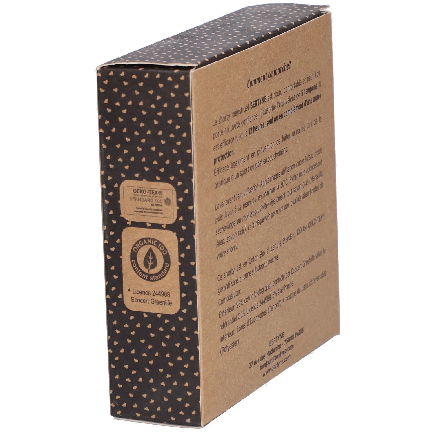 Emballage BERTYNE Shorty Menstruel. Dos avec texte et logos. Certification Oeko-Tex et logo bio.