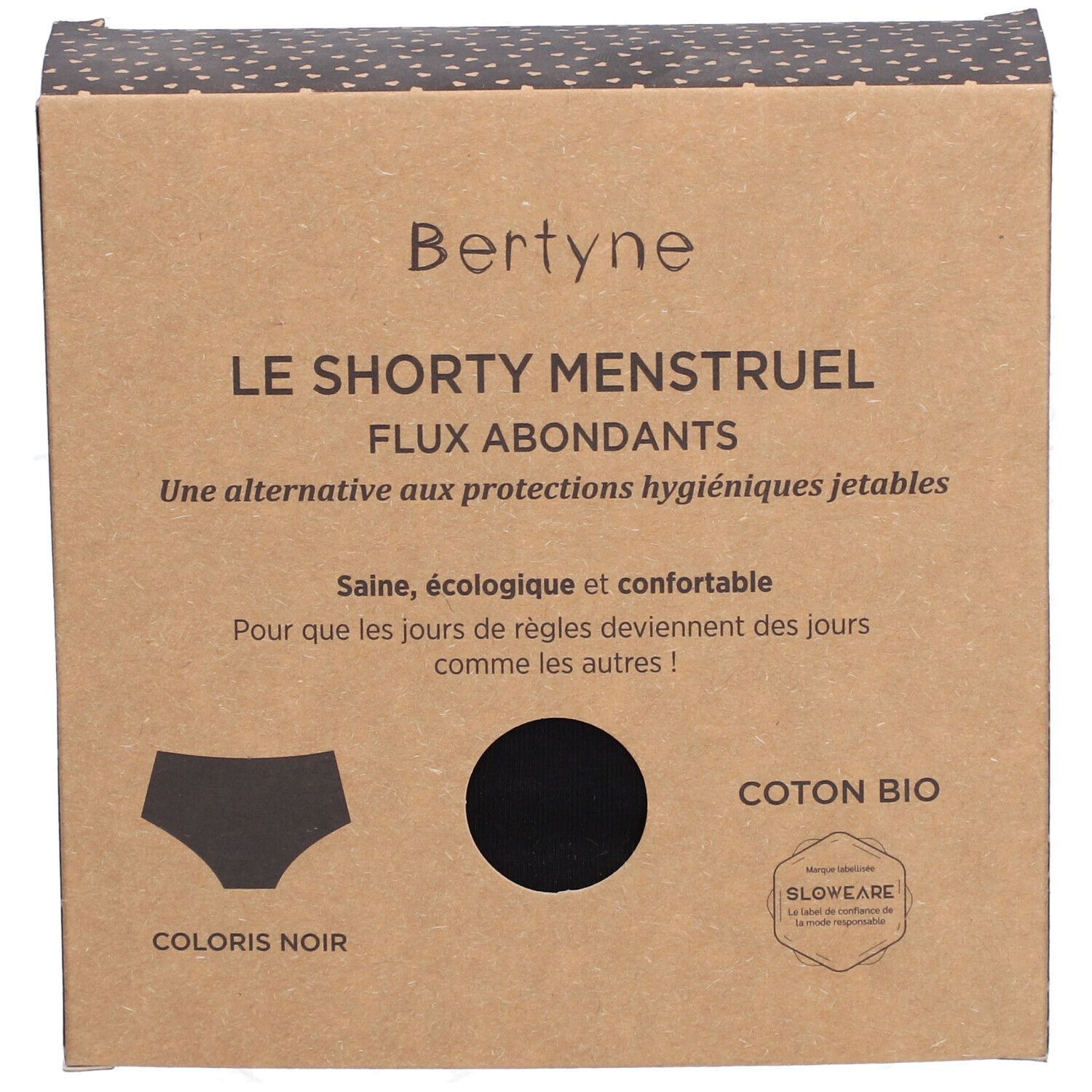 Face avant de l'emballage BERTYNE Shorty Menstruel. Boîte marron avec image et texte. Sous-vêtement noir.