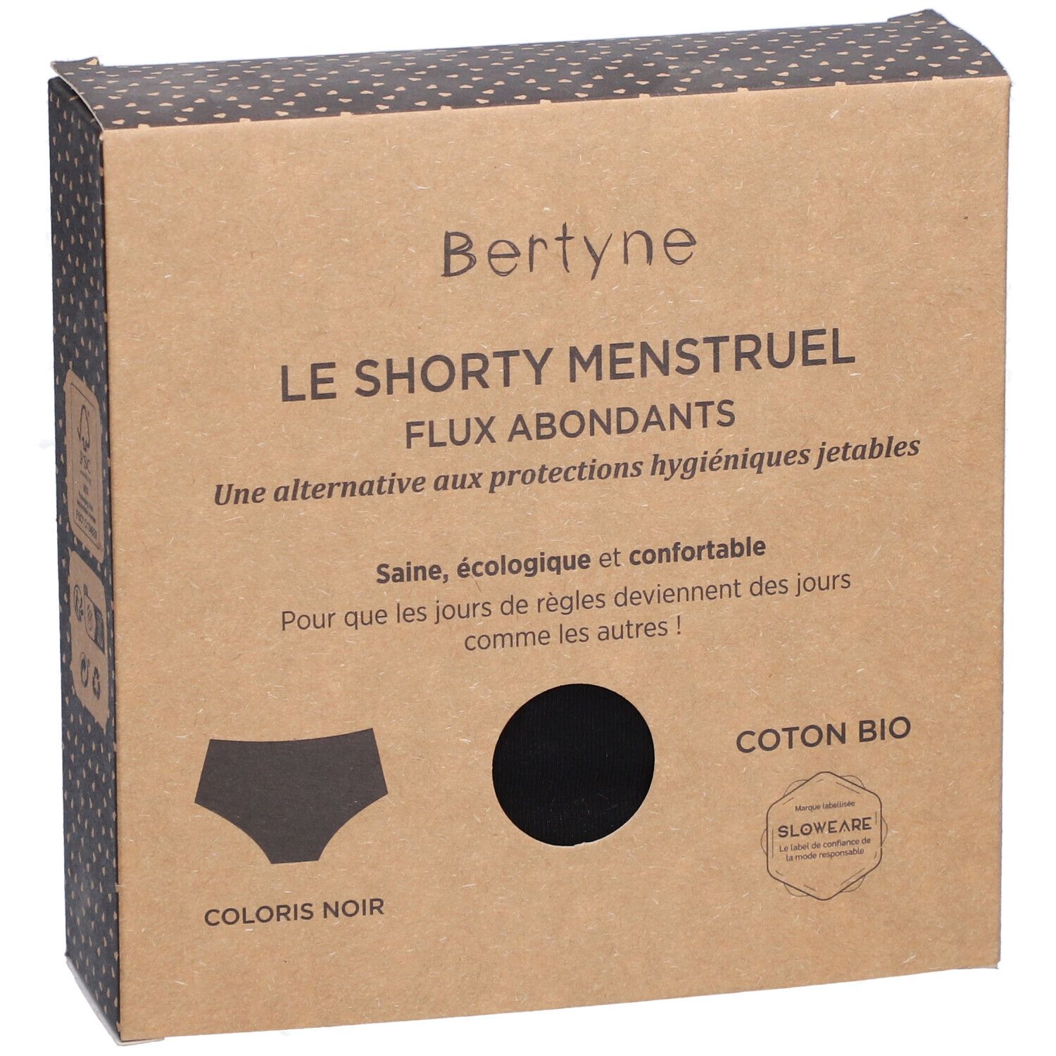 Face avant de l'emballage BERTYNE Shorty Menstruel. Boîte marron avec image et texte. Sous-vêtement noir.