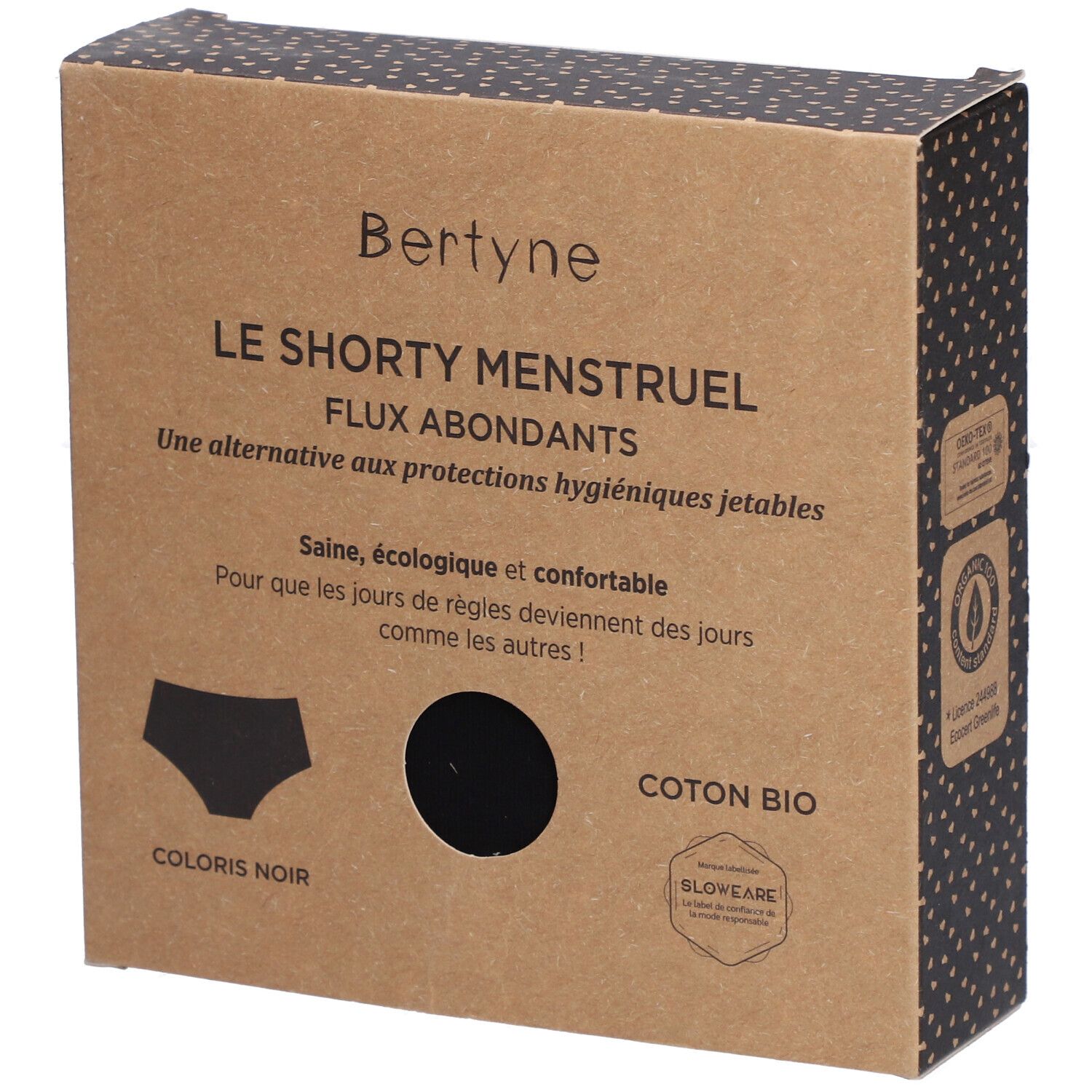 Boîte en carton. Inscription: BERTYNE, LE SHORTY MENSTRUEL, FLUX ABONDANTS. Illustration shorty noir. Logo Coton Bio. Couleur: Noir.