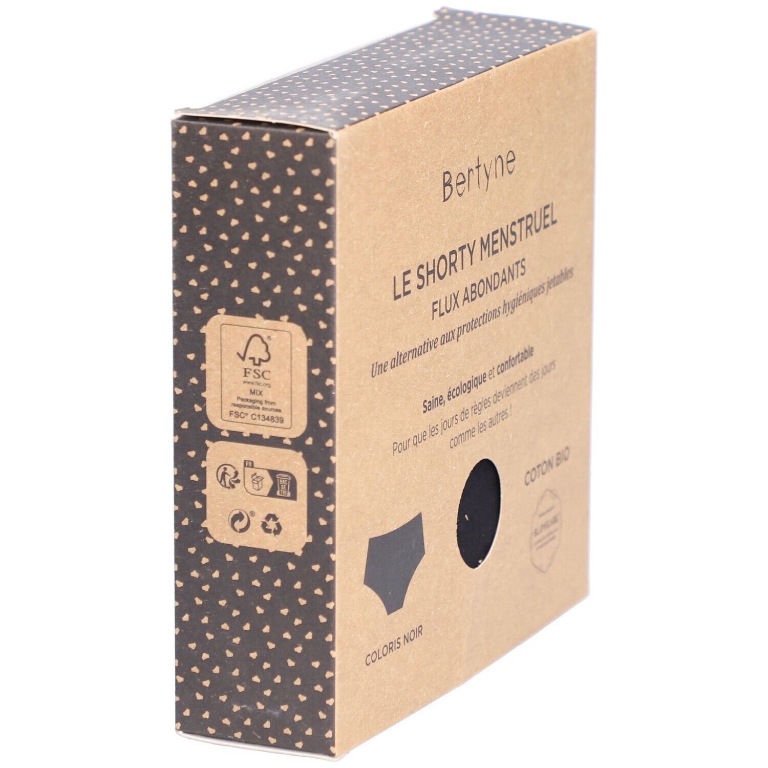 Boîte en carton. Inscription: BERTYNE, LE SHORTY MENSTRUEL. Logo FSC. Illustration shorty noir. Logo Coton Bio. Couleur: Noir.