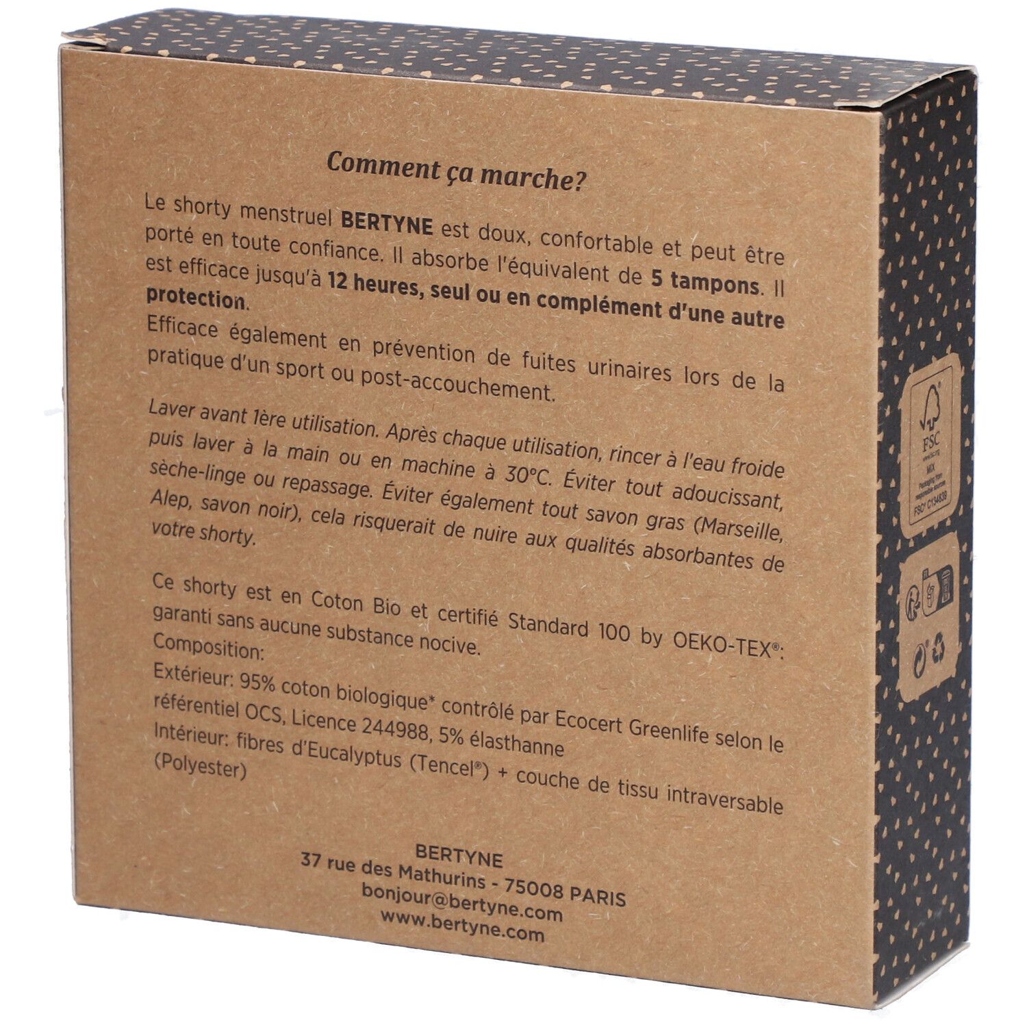 Dos de la boîte en carton. Texte sur l'utilisation et la composition. Certification OEKO-TEX. Adresse de BERTYNE.