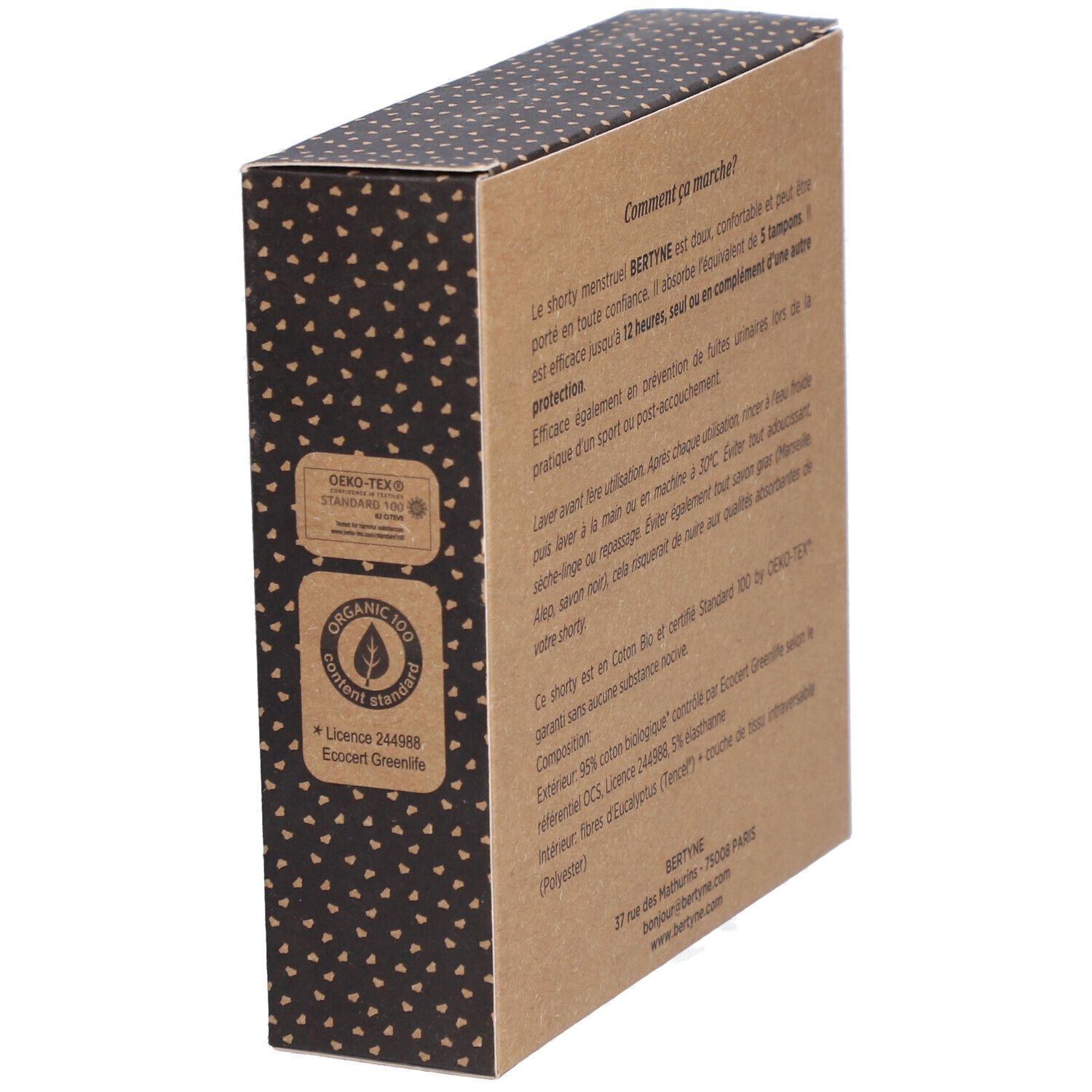 Dos de la boîte en carton. Texte sur l'utilisation et la composition. Certification OEKO-TEX. Adresse de BERTYNE.