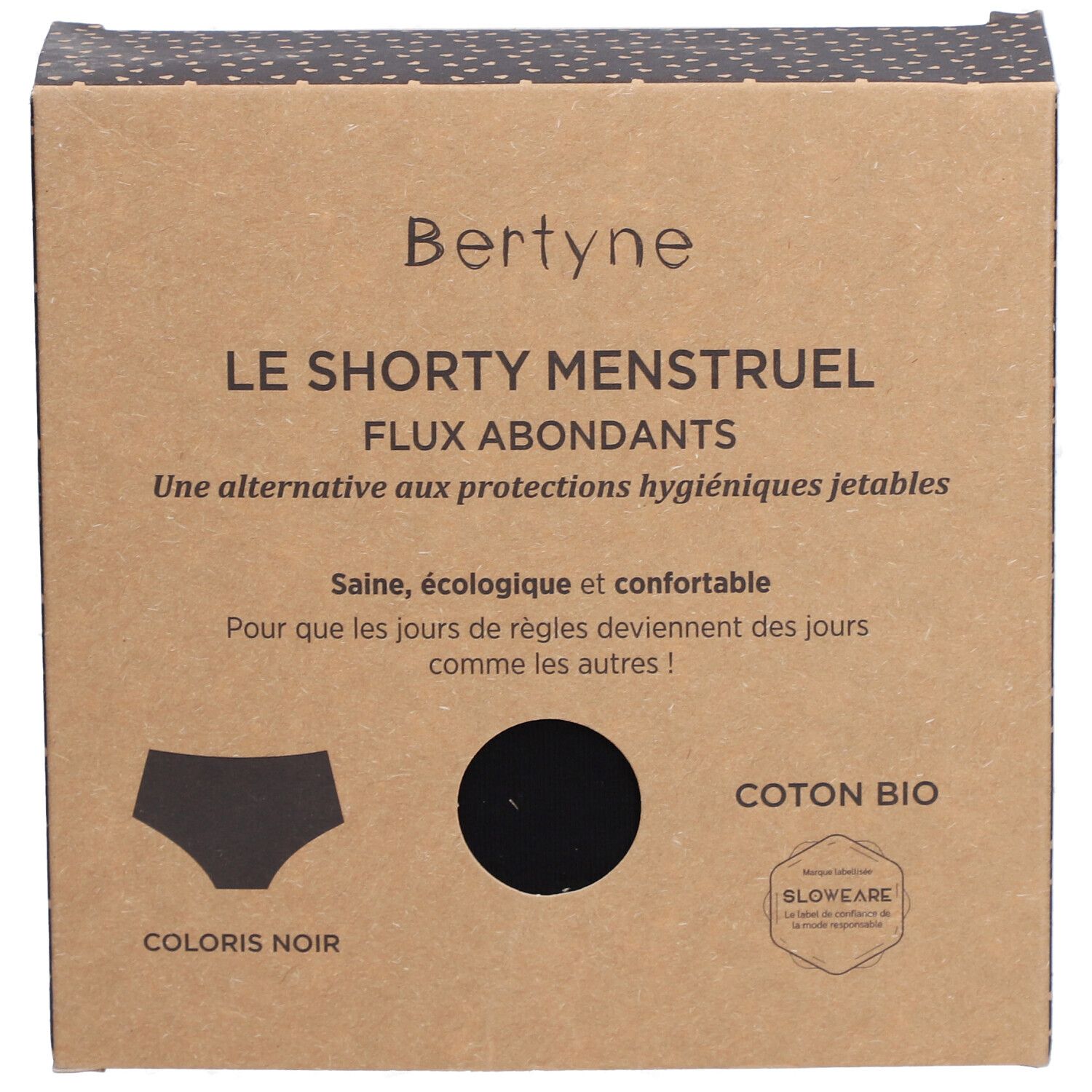 Boîte en carton. Inscription: BERTYNE, LE SHORTY MENSTRUEL, FLUX ABONDANTS. Illustration shorty noir. Logo Coton Bio. Couleur: Noir.