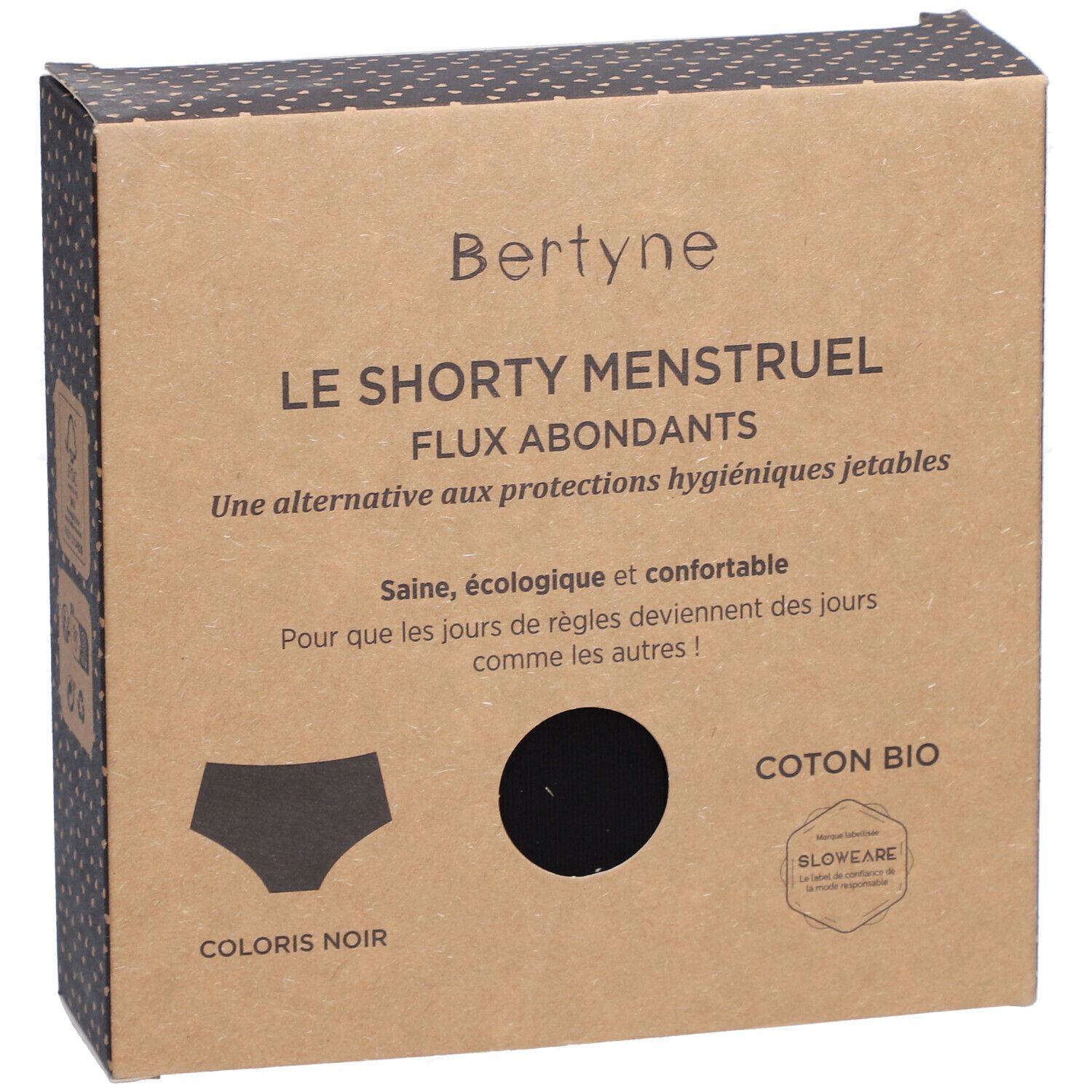 Boîte en carton. Inscription: BERTYNE, LE SHORTY MENSTRUEL, FLUX ABONDANTS. Illustration shorty noir. Logo Coton Bio. Couleur: Noir.