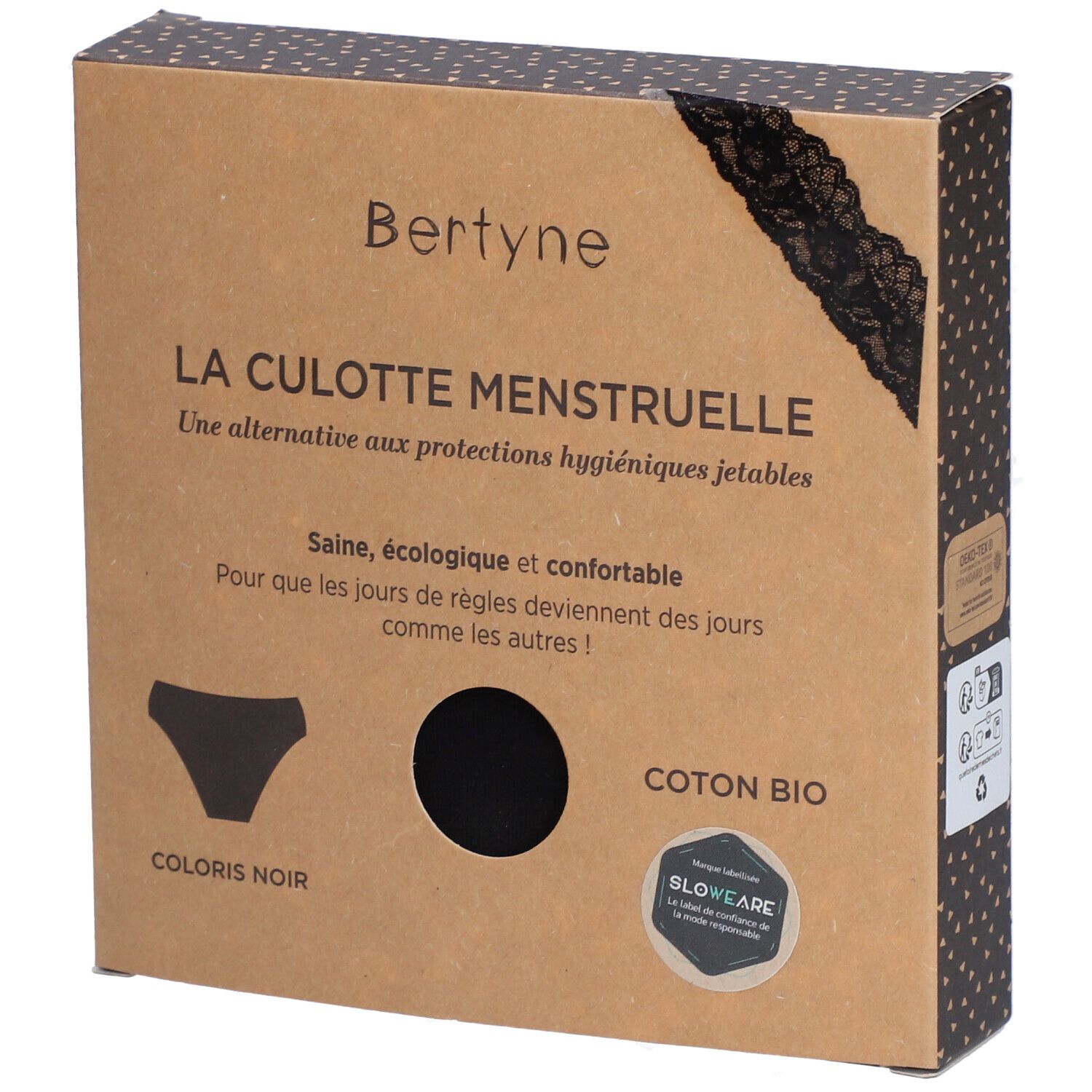 Boîte BERTYNE La Culotte Menstruelle. Culotte noire, coton bio. Inscription: LA CULOTTE MENSTRUELLE. Avec dentelle.