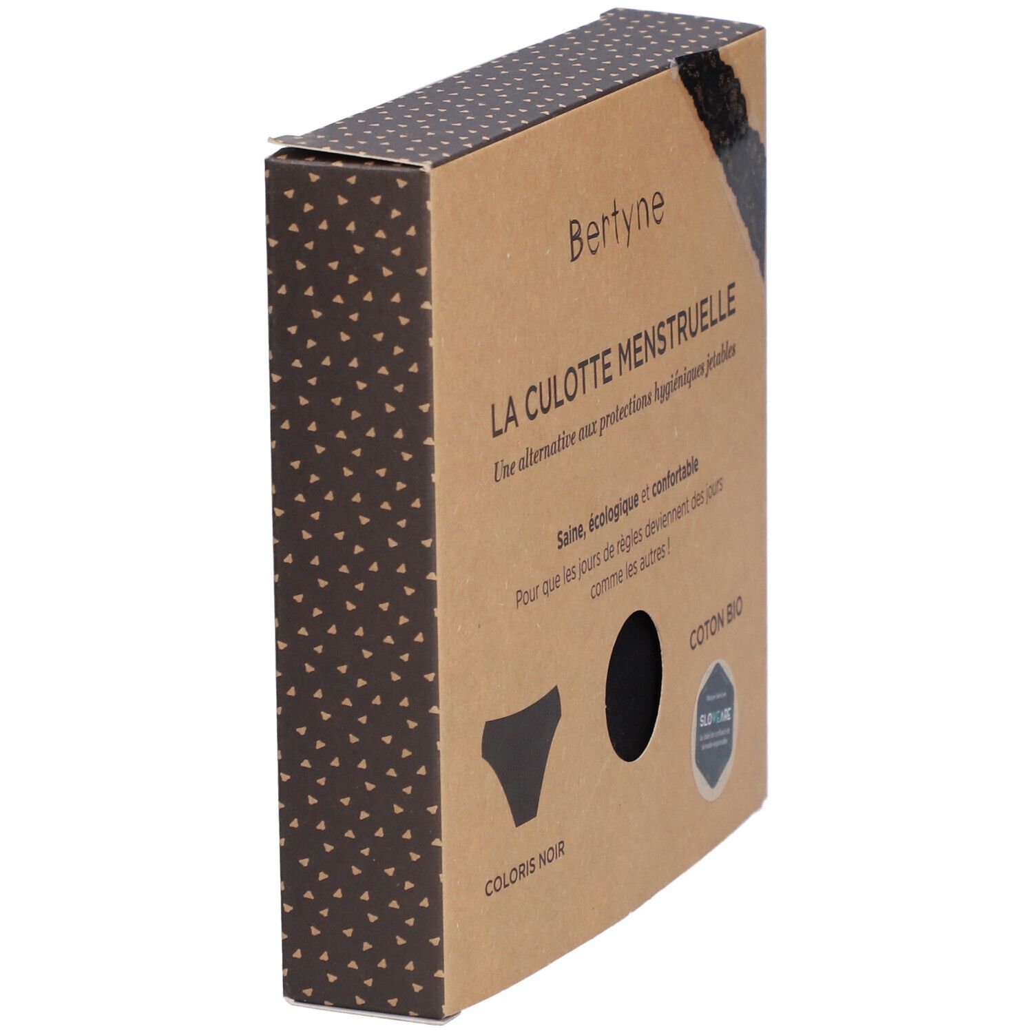 Vue latérale de la boîte BERTYNE La Culotte Menstruelle. Culotte noire, coton bio. Avec dentelle.