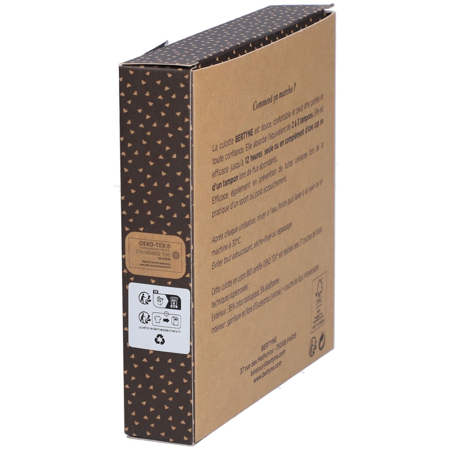 Dos de la boîte BERTYNE La Culotte Menstruelle. Texte et symboles de lavage. Avec certification Öko-Tex.