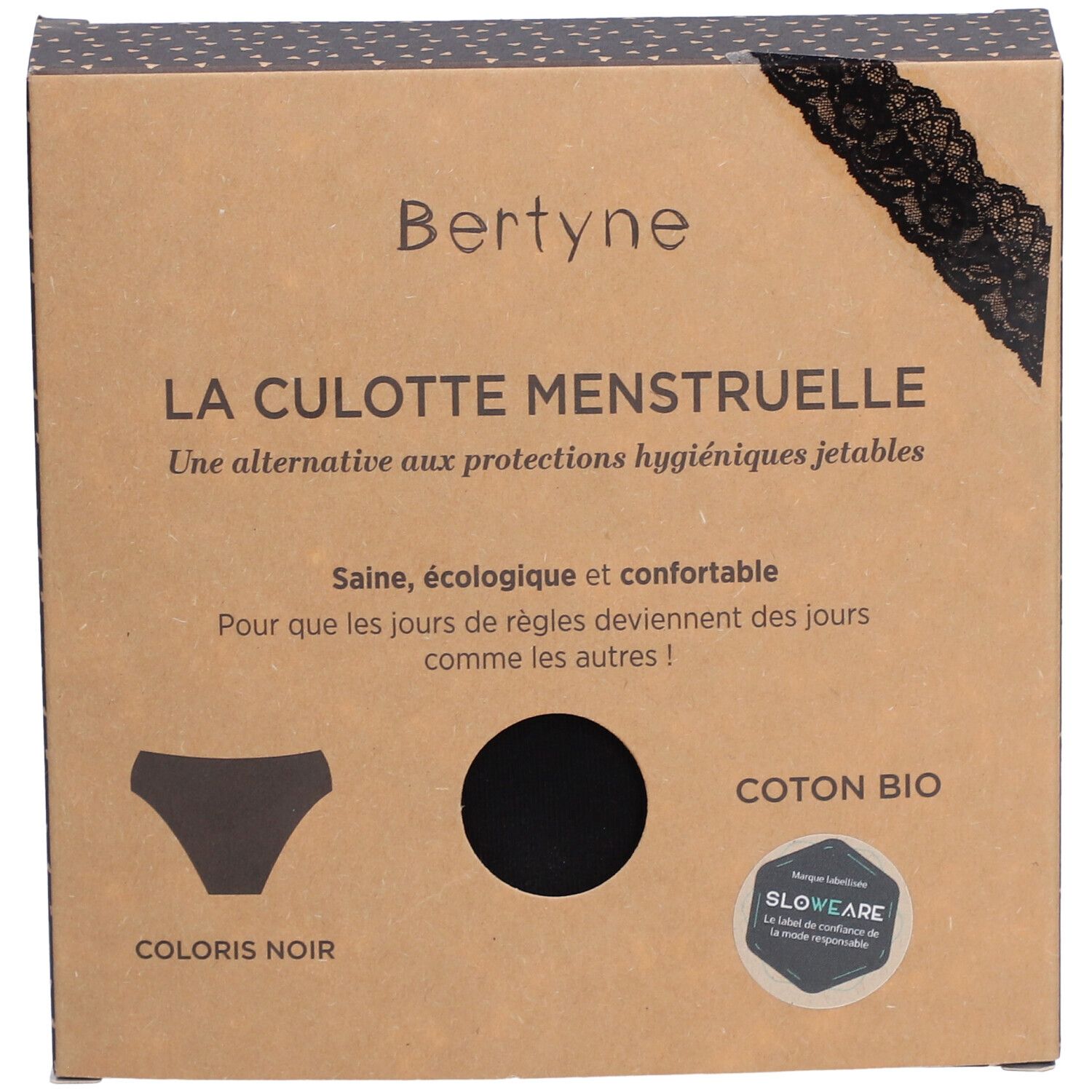 Boîte BERTYNE La Culotte Menstruelle. Culotte noire, coton bio. Inscription: LA CULOTTE MENSTRUELLE. Avec dentelle.