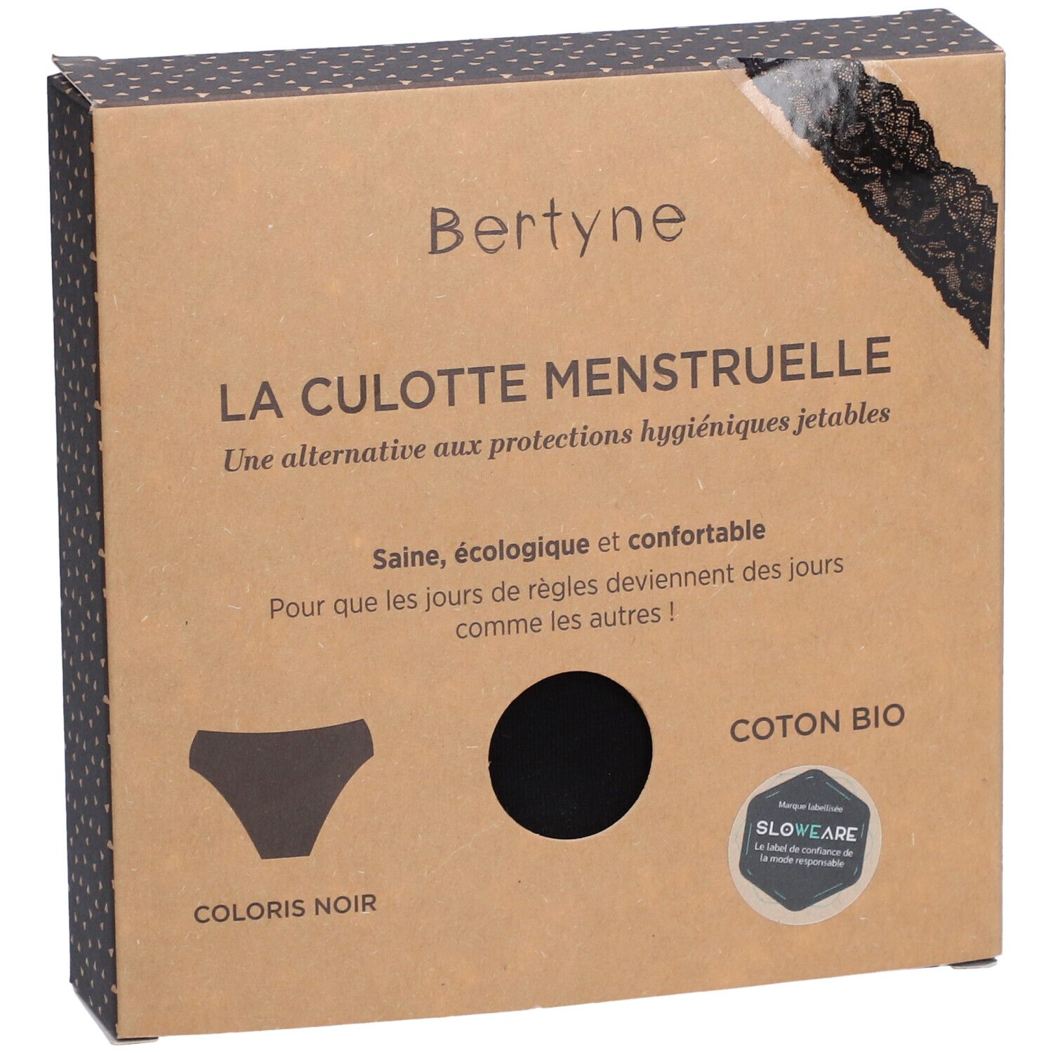Boîte BERTYNE La Culotte Menstruelle. Culotte noire, coton bio. Inscription: LA CULOTTE MENSTRUELLE. Avec dentelle.