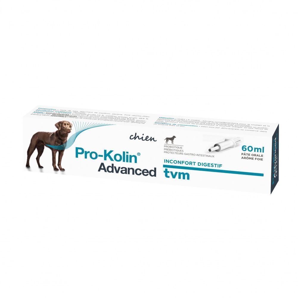 Boîte de Pro-Kolin Advanced Chien. Contient une image de chien et l'inscription "60ml".