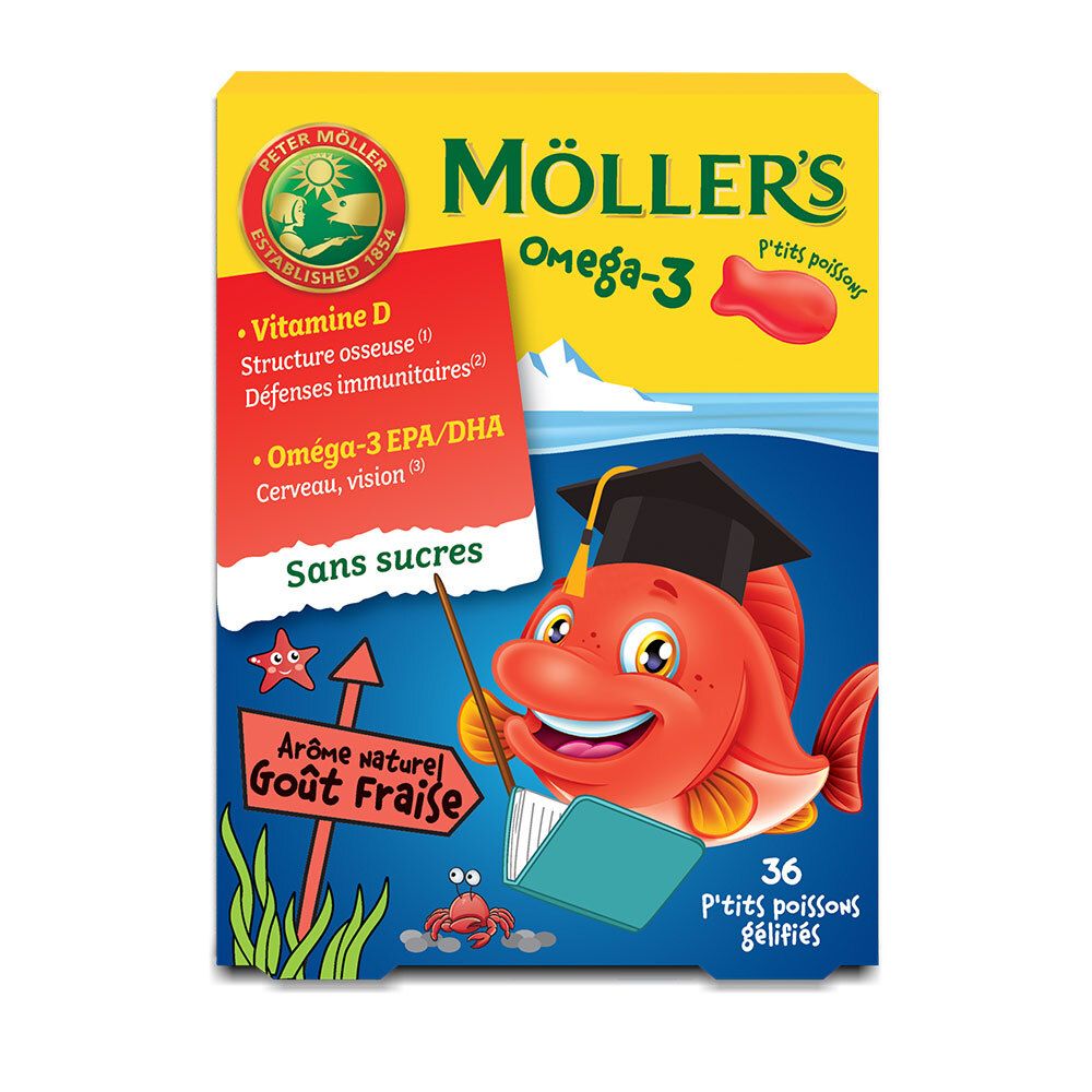Boîte de Möller's Omega-3. Boîte jaune avec illustration de poisson et informations sur le produit. Contient 36 poissons gélifiés.