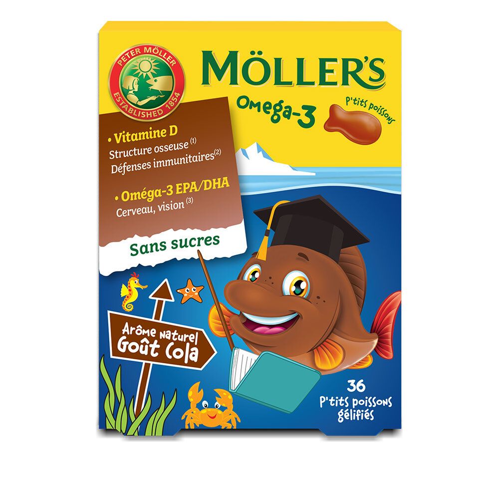 Boîte jaune avec illustration de poisson. Texte : Möller's Omega-3, 36 petits poissons gélifiés. Contient vitamine D et Oméga-3.