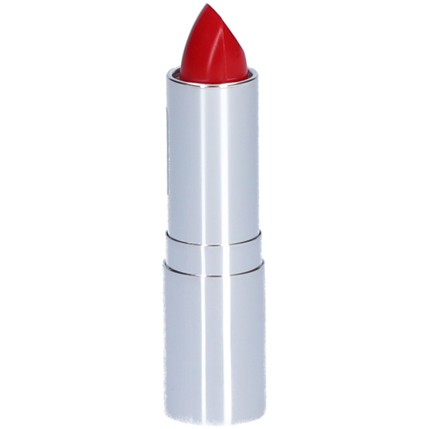 Rouge à lèvres rouge dans un étui argenté. Pointe profilée. Surface brillante.