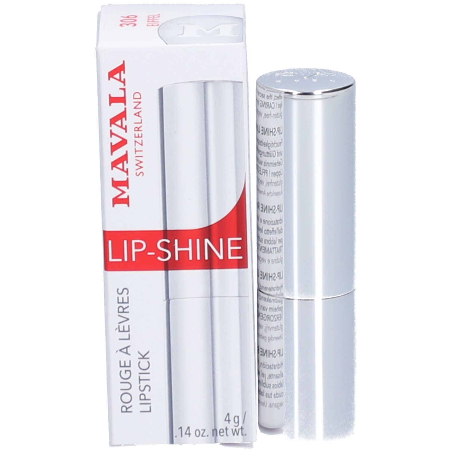 Rouge à lèvres Mavala Lip-Shine avec emballage. Boîte blanche avec bande rouge et nom du produit.
