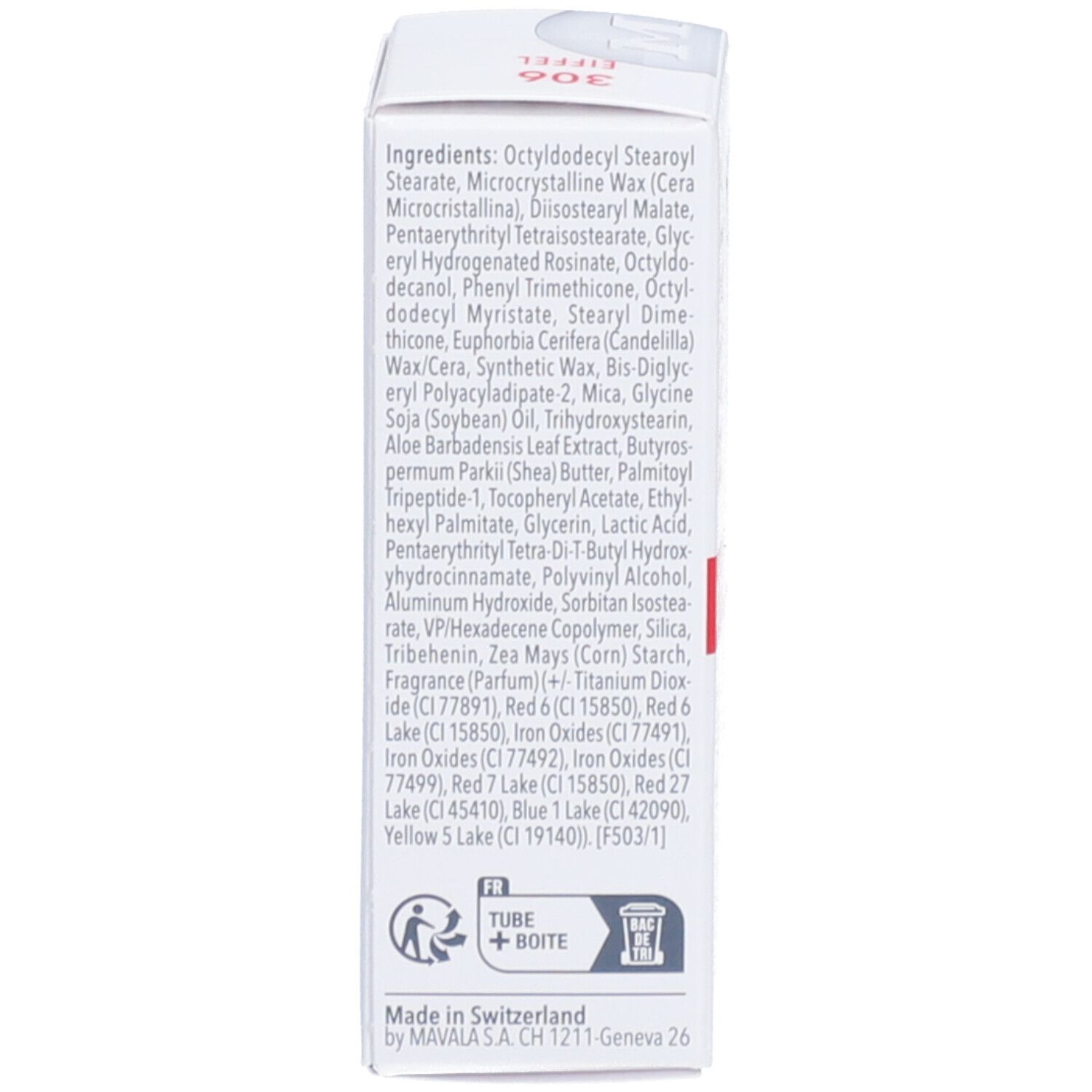 Emballage de Mavala Lip-Shine. Liste des ingrédients, symbole de recyclage, pays d'origine : Suisse.