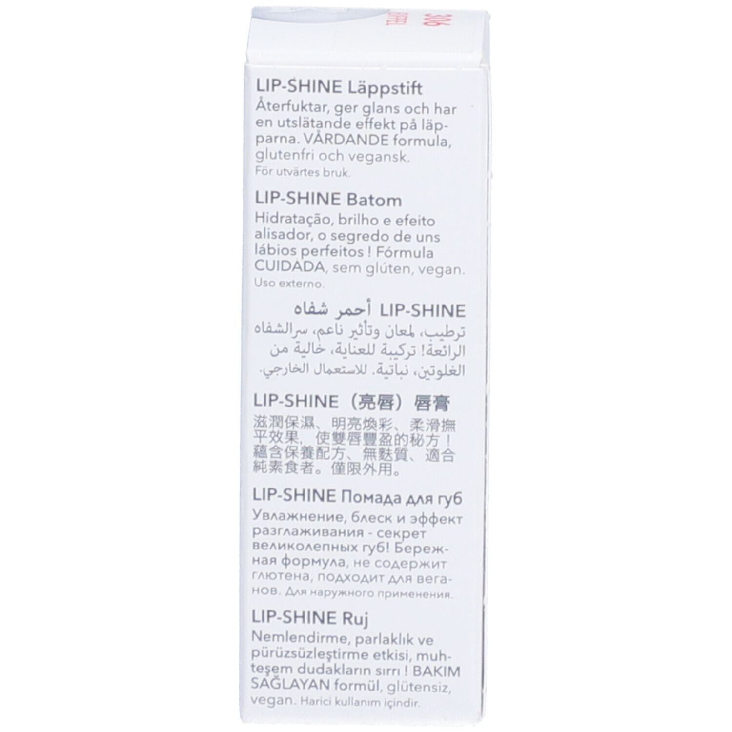 Dos de l'emballage Mavala Lip-Shine. Description multilingue du produit.