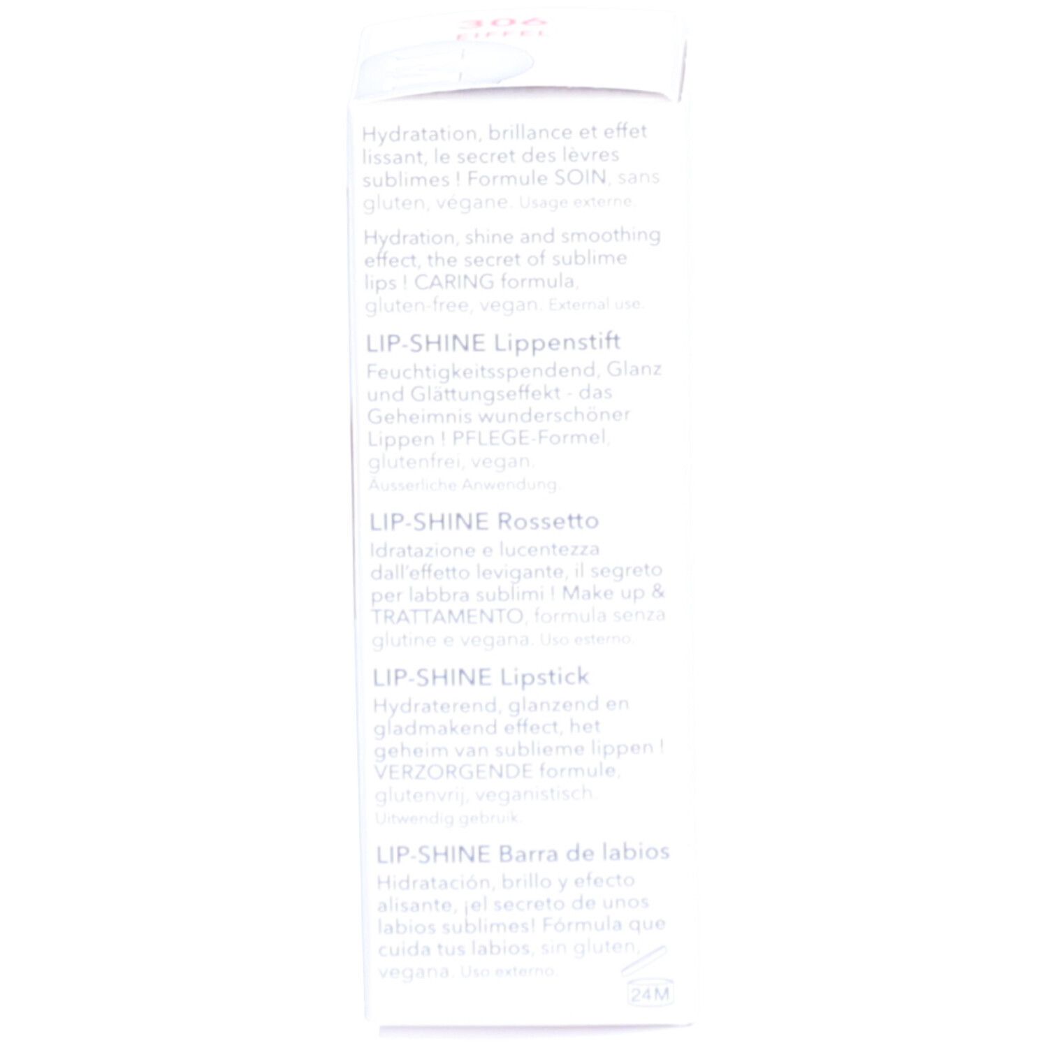 Dos de l'emballage Mavala Lip-Shine. Description multilingue du produit.