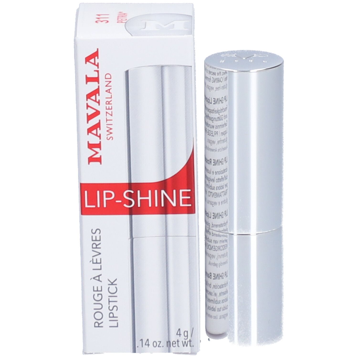Boîte blanche avec rouge à lèvres et tube argenté. 'MAVALA LIP-SHINE' est écrit sur la boîte.