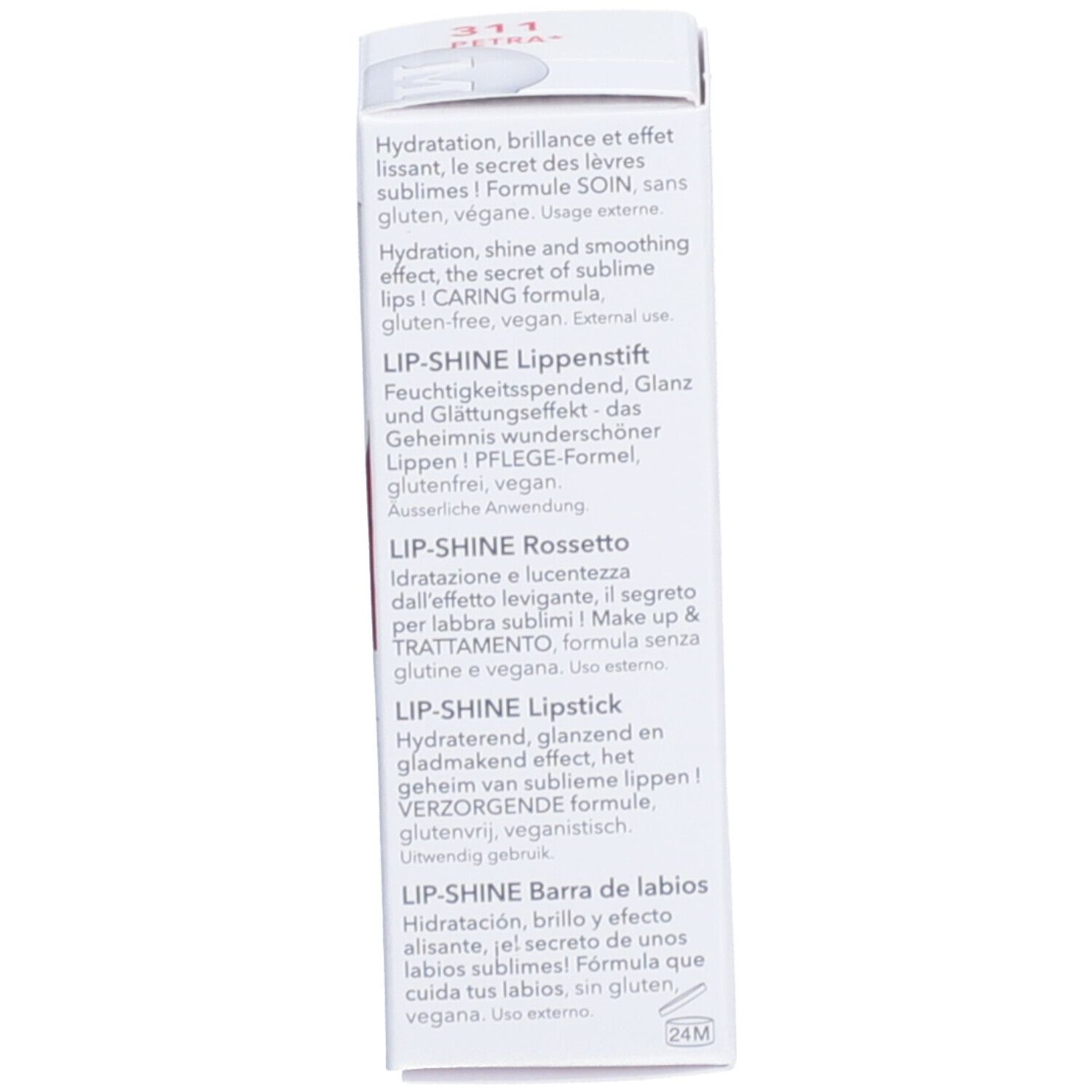 Texte sur l'emballage blanc en plusieurs langues, dont 'LIP-SHINE'.