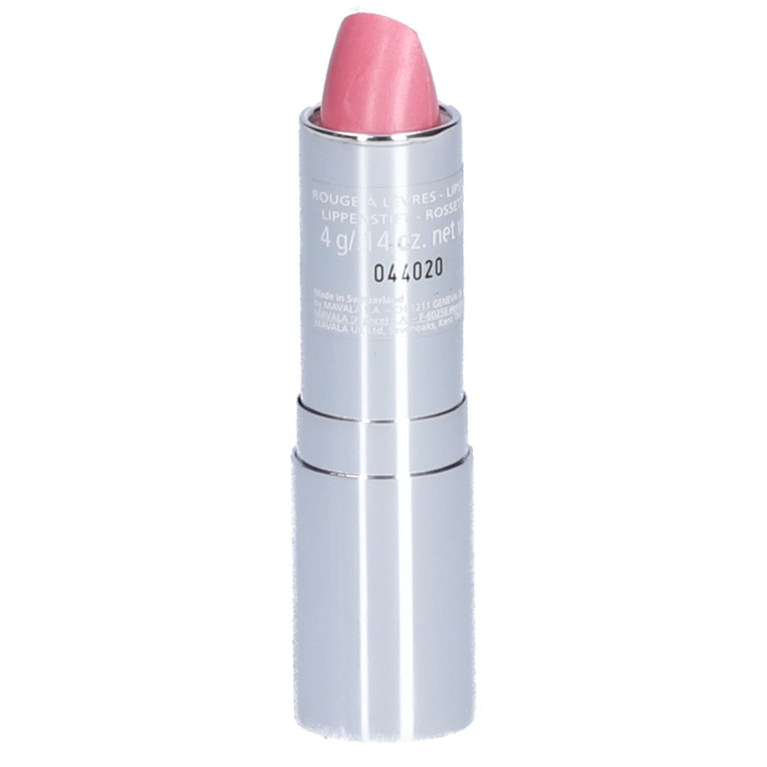 Rouge à lèvres rose dans un étui argenté. Inscription : 4 g / .14 oz. net. 044020.