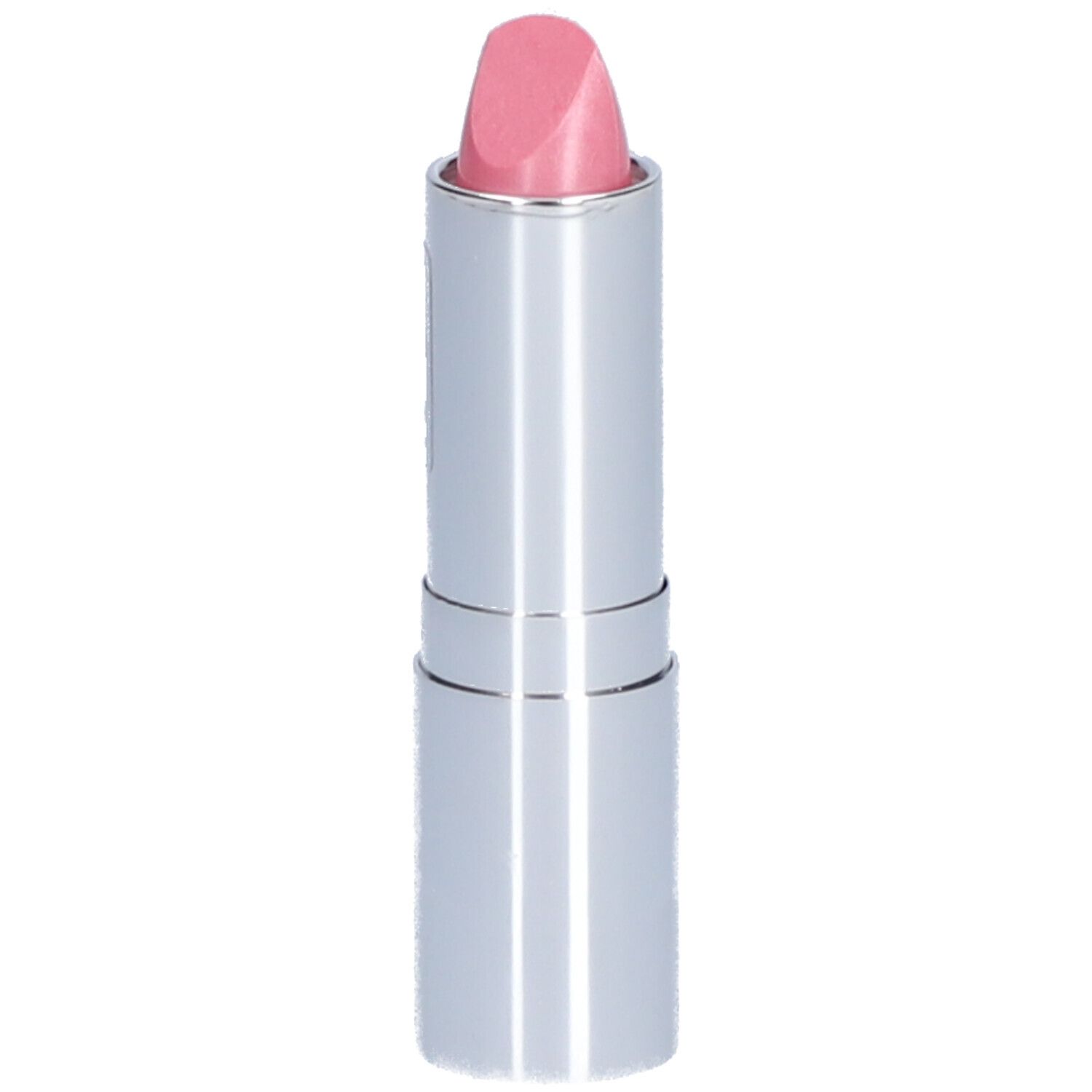 Rouge à lèvres rose dans un étui argenté.