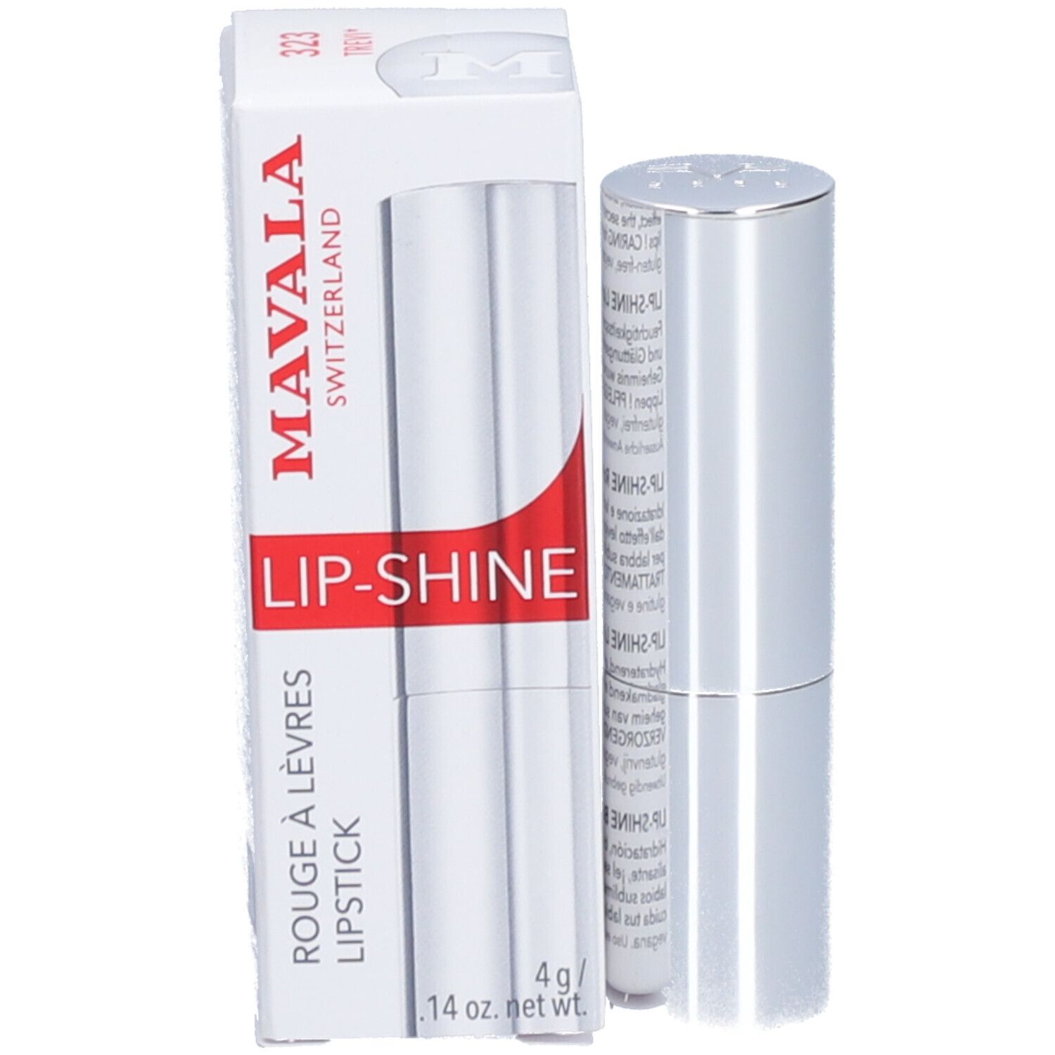 Rouge à lèvres et emballage. Inscription : MAVALA SWITZERLAND, LIP-SHINE, ROUGE À LÈVRES LIPSTICK, 4 g / .14 oz. net.