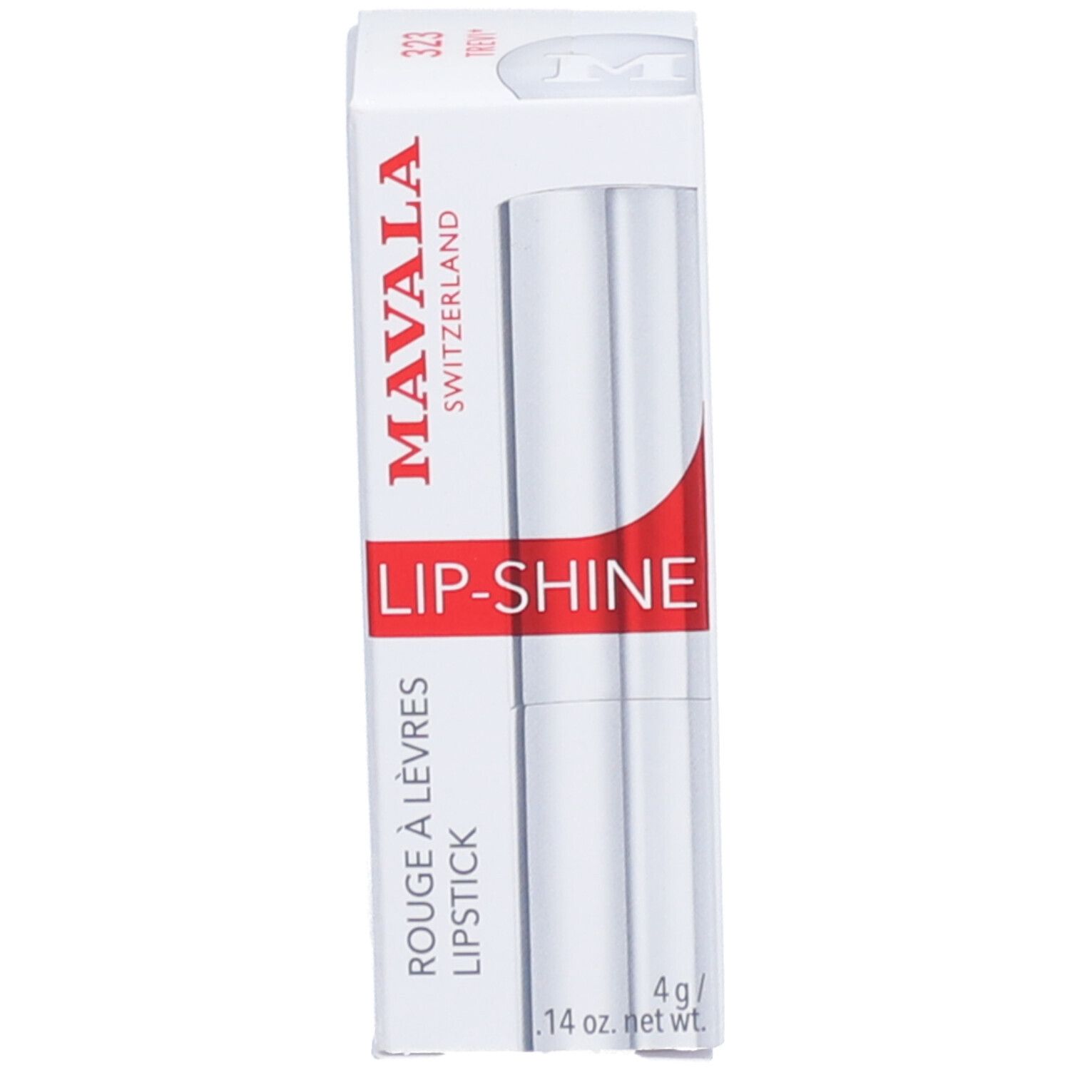 Emballage avec rouge à lèvres. Inscription : MAVALA SWITZERLAND, LIP-SHINE, ROUGE À LÈVRES LIPSTICK, 4 g / .14 oz. net.