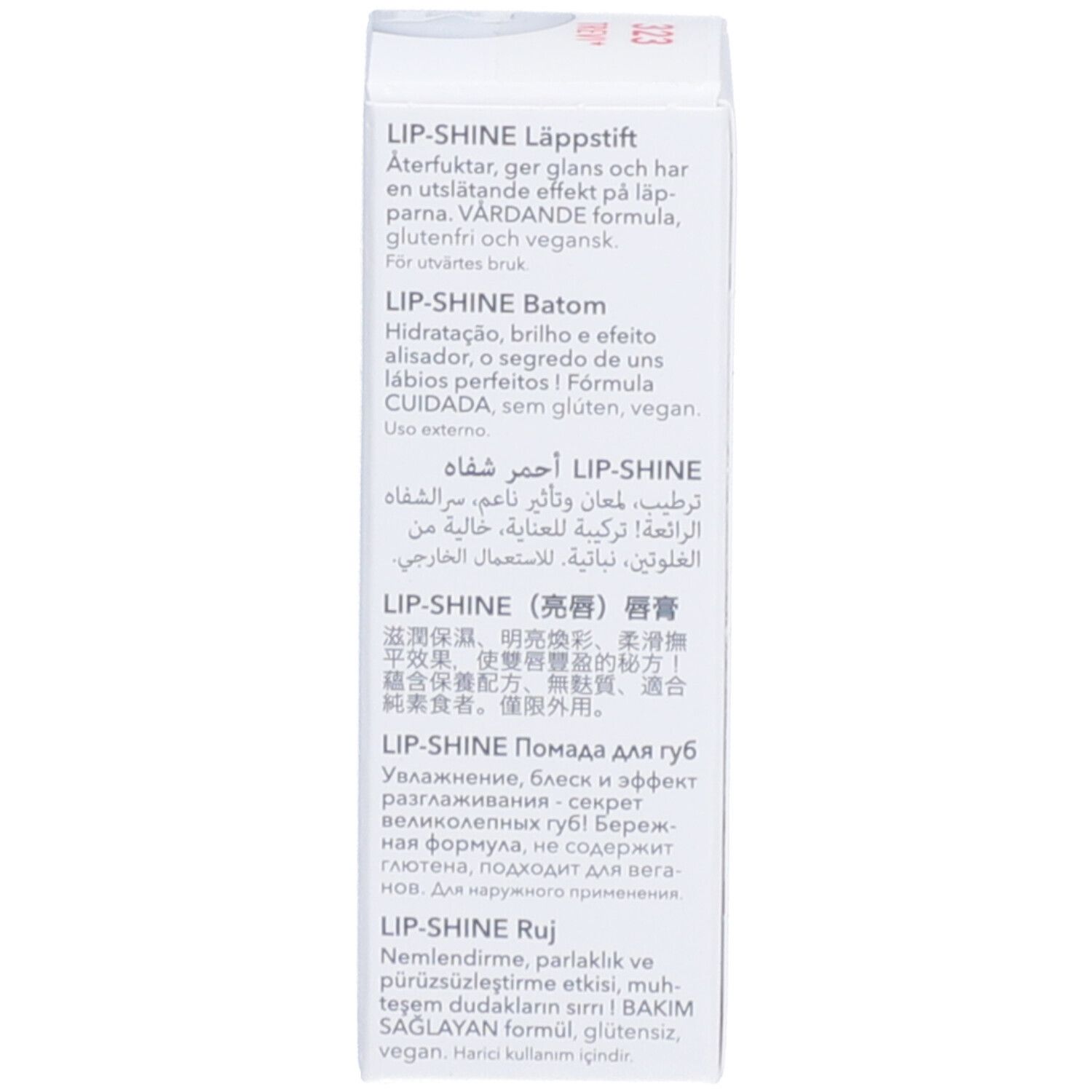 Emballage avec texte multilingue. Inscription : LIP-SHINE, informations.