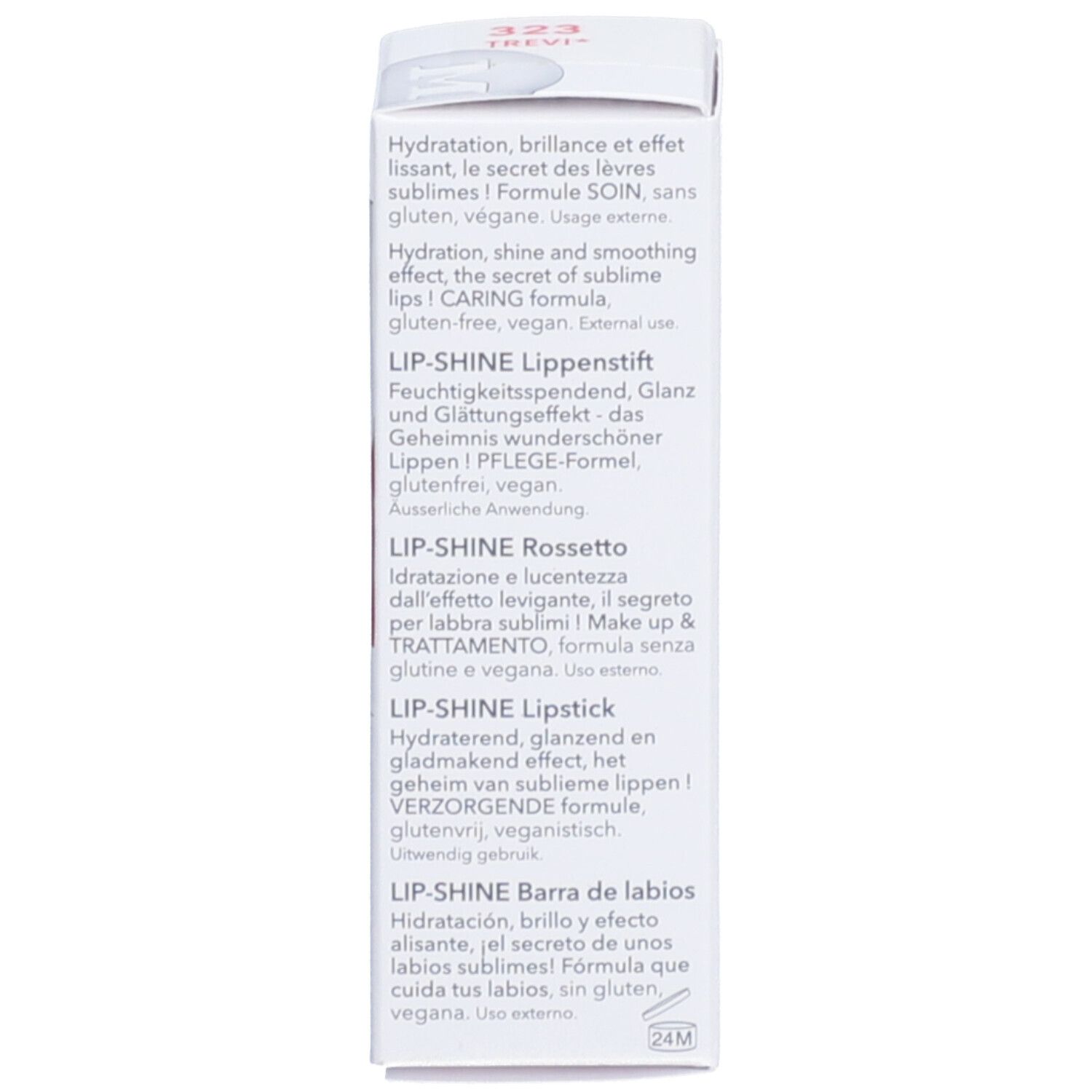Emballage avec texte multilingue. Inscription : LIP-SHINE, informations.