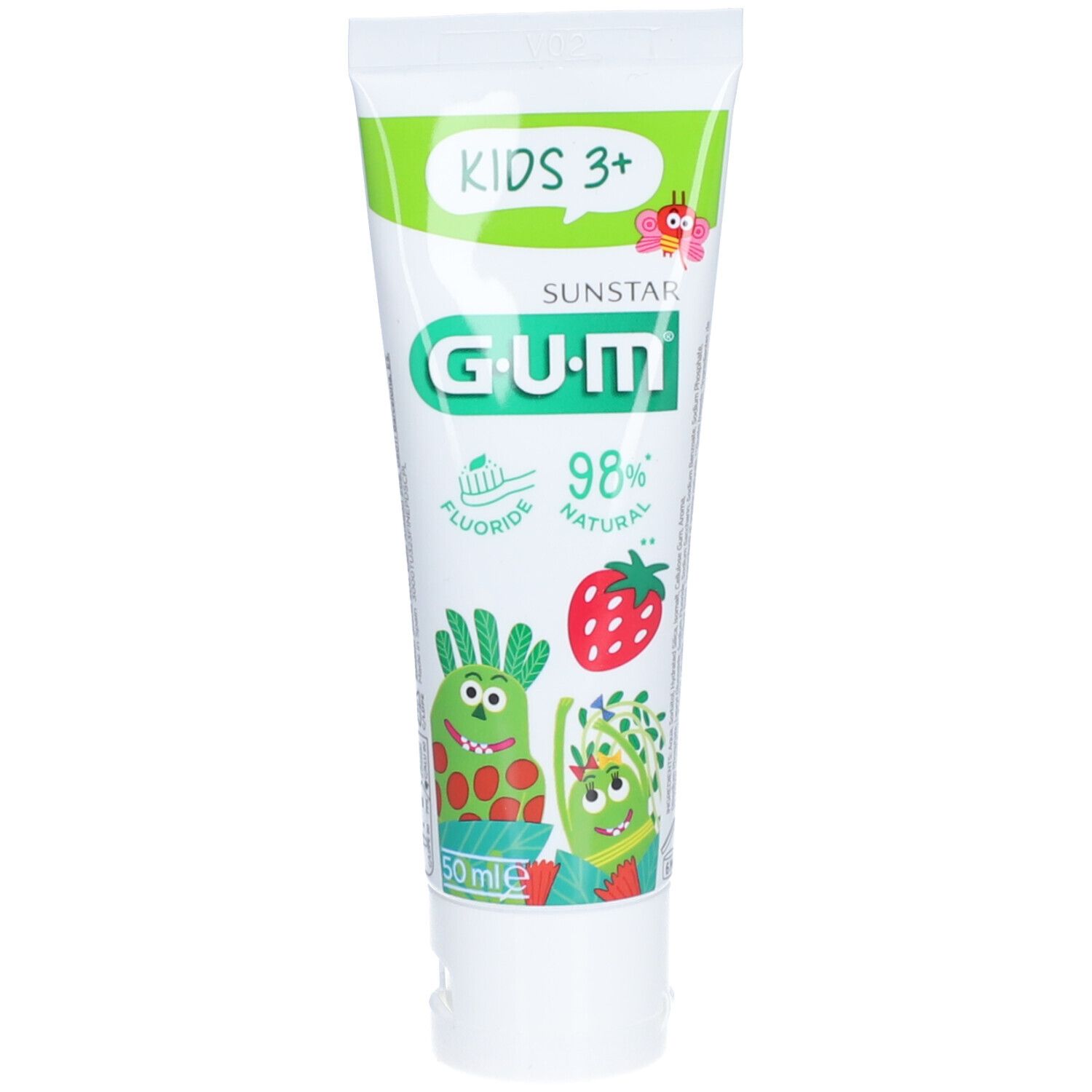 Tube de dentifrice avec bouchon vert. Inscription 'KIDS 3+' et 'G.U.M'. Contient 98% d'ingrédients naturels et du fluorure. Avec illustrations de dessins animés.
