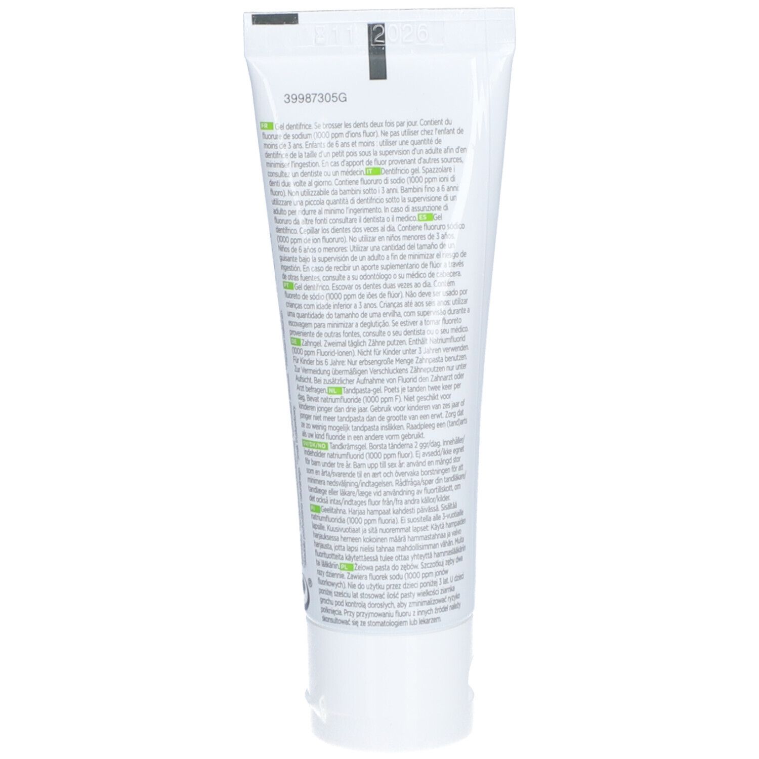 Dos du tube de dentifrice. Contient du texte en plusieurs langues. Avec des informations sur les ingrédients et l'utilisation. Fond blanc.