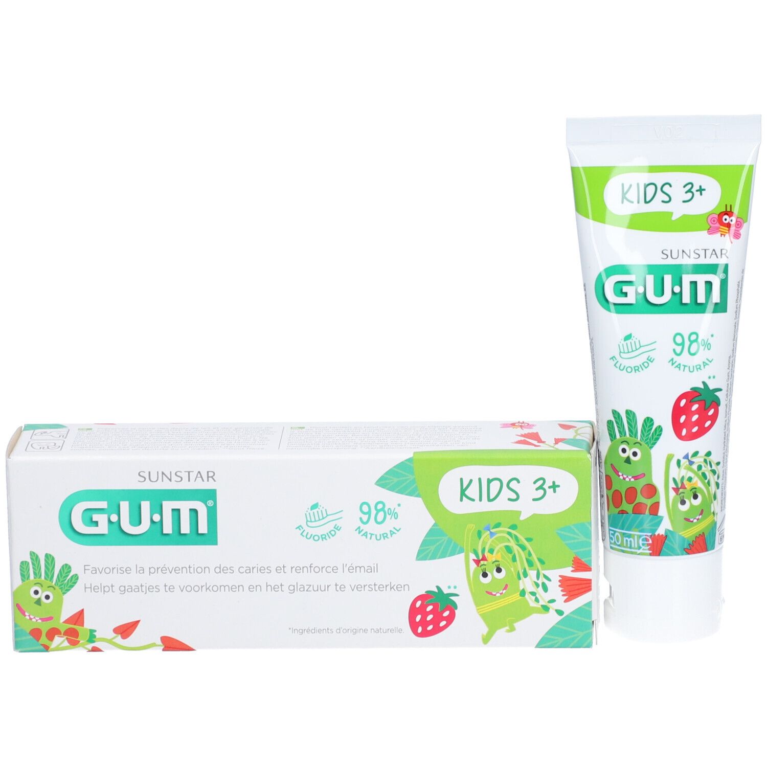Tube de dentifrice et boîte. Inscription 'KIDS 3+' et 'G.U.M'. Contient 98% d'ingrédients naturels et du fluorure. Avec illustrations de dessins animés.