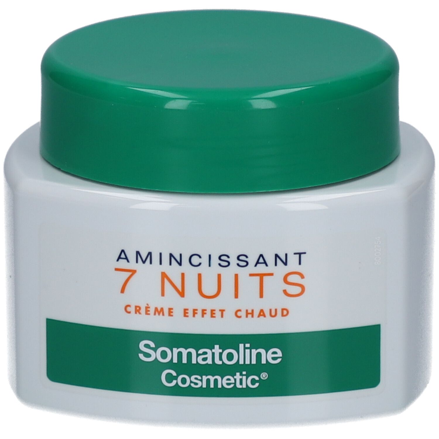 Pot blanc, couvercle vert. Inscription: Amincissant 7 Nuits, Crème Effet Chaud, Somatoline Cosmetic.