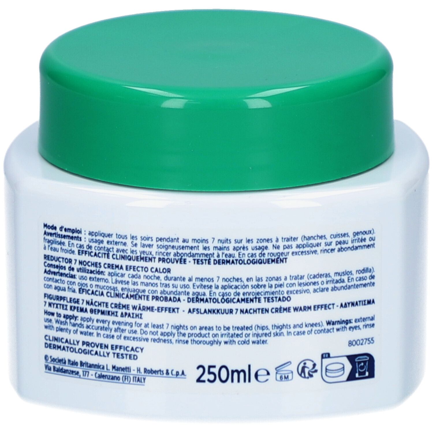 Dos du pot. Texte multilingue. Testé cliniquement. 250ml. Informations fabricant.