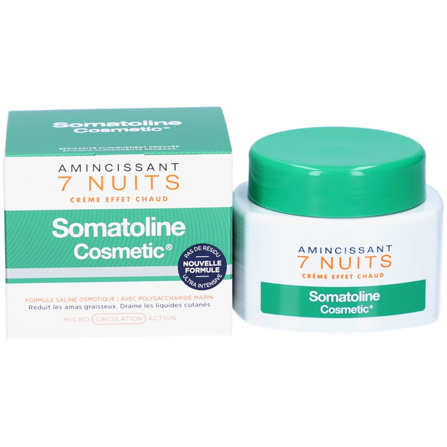 Emballage produit: pot et boîte. Inscription: Amincissant 7 Nuits, Somatoline Cosmetic. Nouvelle formule.