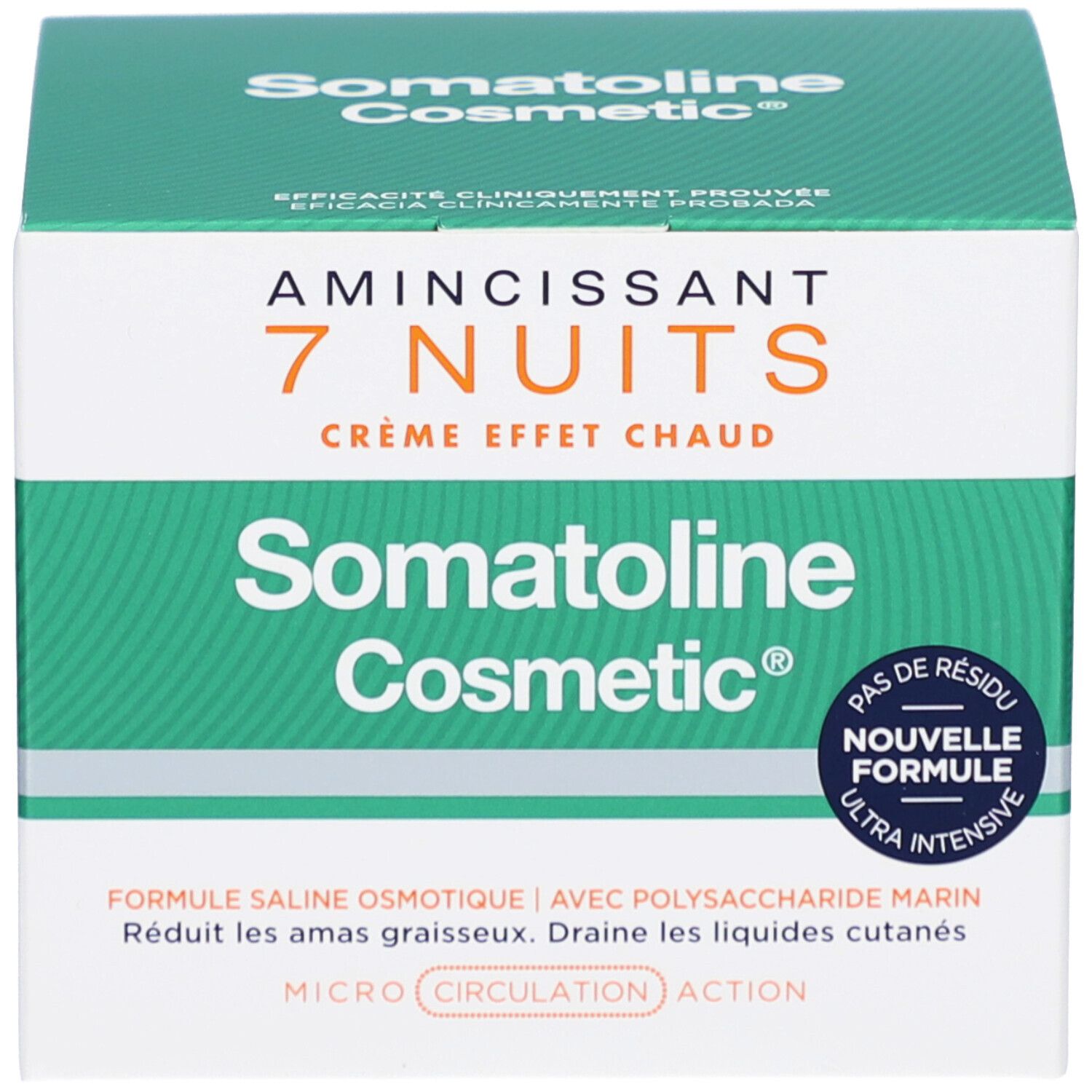 Boîte avec inscription: Amincissant 7 Nuits, Crème Effet Chaud, Somatoline Cosmetic. Nouvelle formule.