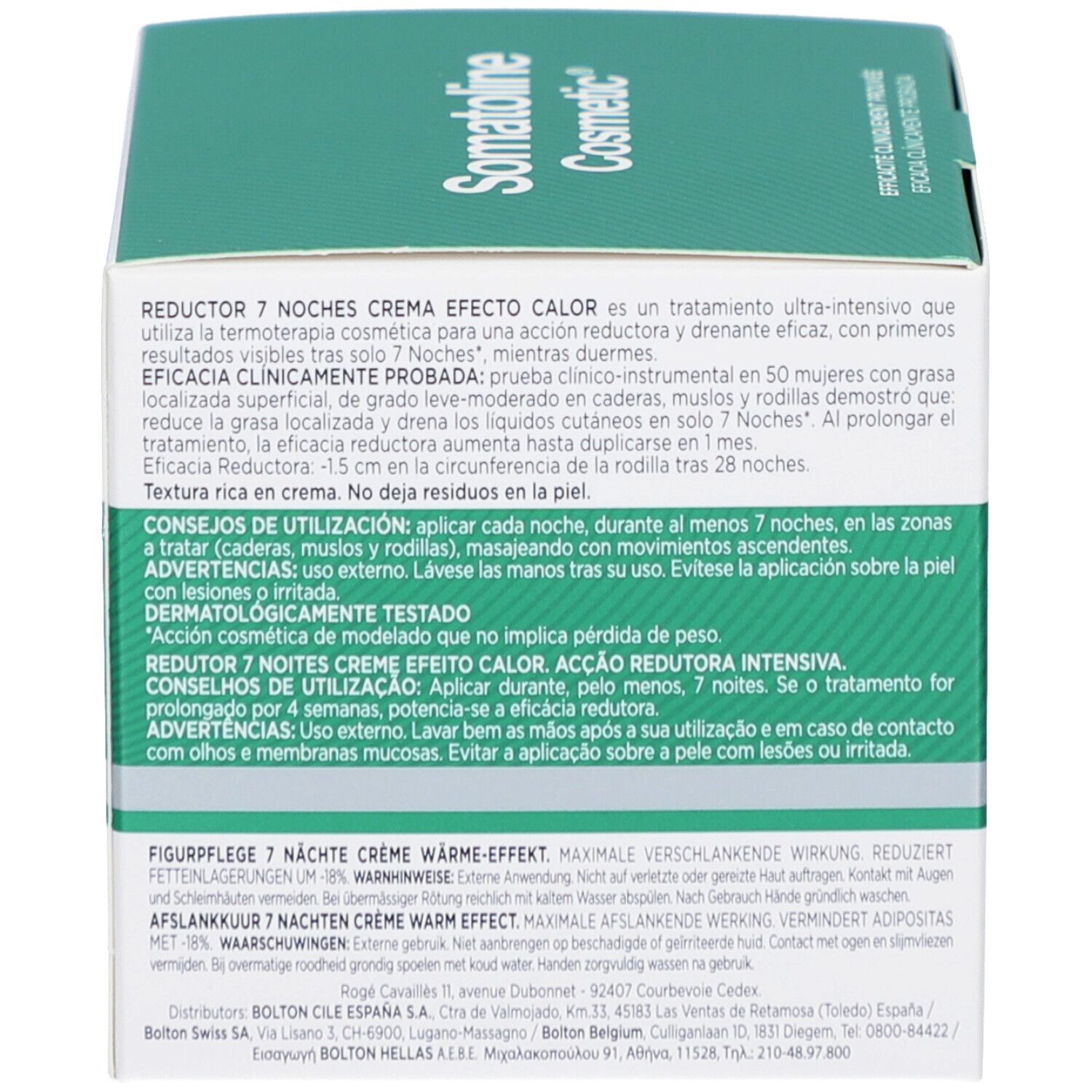 Boîte avec texte. Inscription: Reductor 7 Noches Crema Efecto Calor, Somatoline Cosmetic. Cliniquement prouvé.