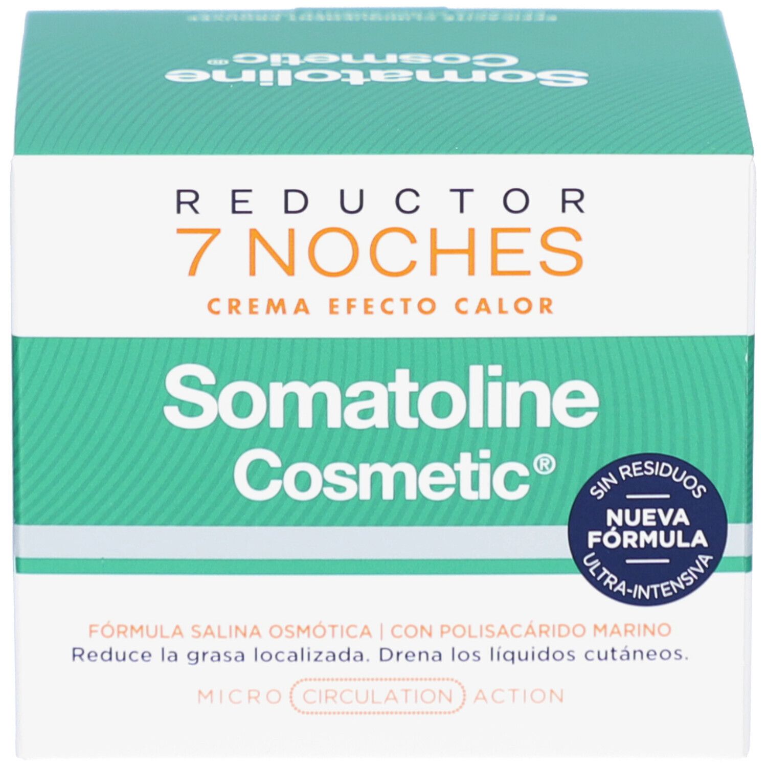 Boîte avec inscription: Reductor 7 Noches Crema Efecto Calor, Somatoline Cosmetic. Nouvelle formule.