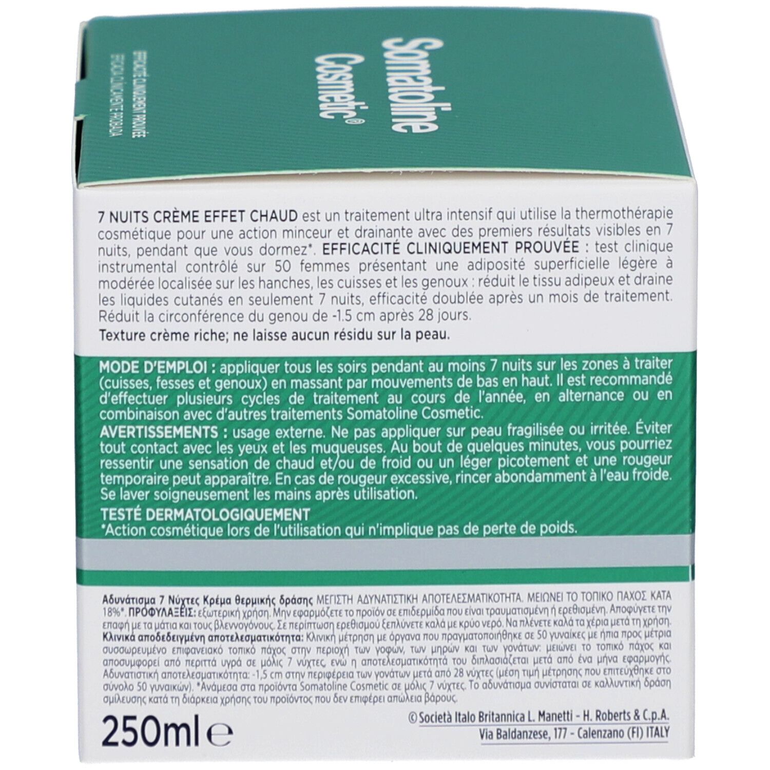 Boîte, texte multilingue. Inscription: 7 Nuits Crème Effet Chaud, 250ml. Informations fabricant.