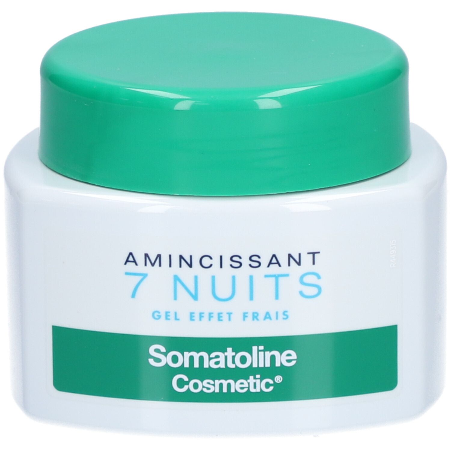 Pot blanc avec couvercle vert. Inscription : Amincissant 7 Nuits, Gel effet frais, Somatoline Cosmetic.
