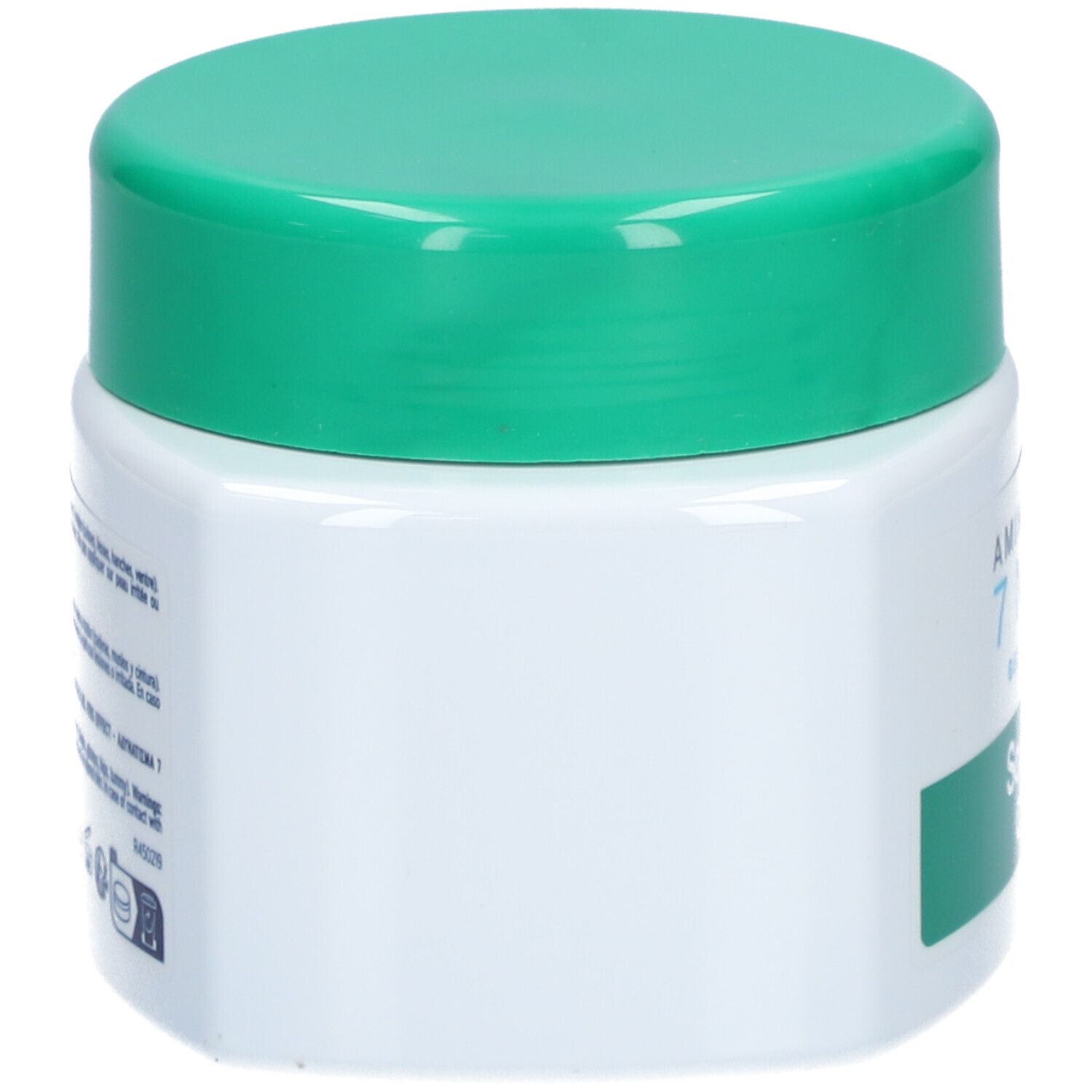 Pot blanc avec couvercle vert, vue latérale. Inscription : Amincissant 7 Nuits, Somatoline Cosmetic.